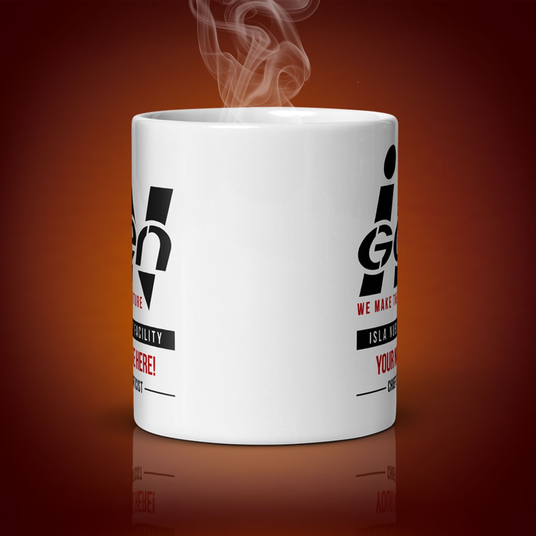 An 11-oz personalized InGen mug displays the center side. The artwork on our mug is inspired by the movie "Jurassic Park". It is available for $21.99 with free shipping.