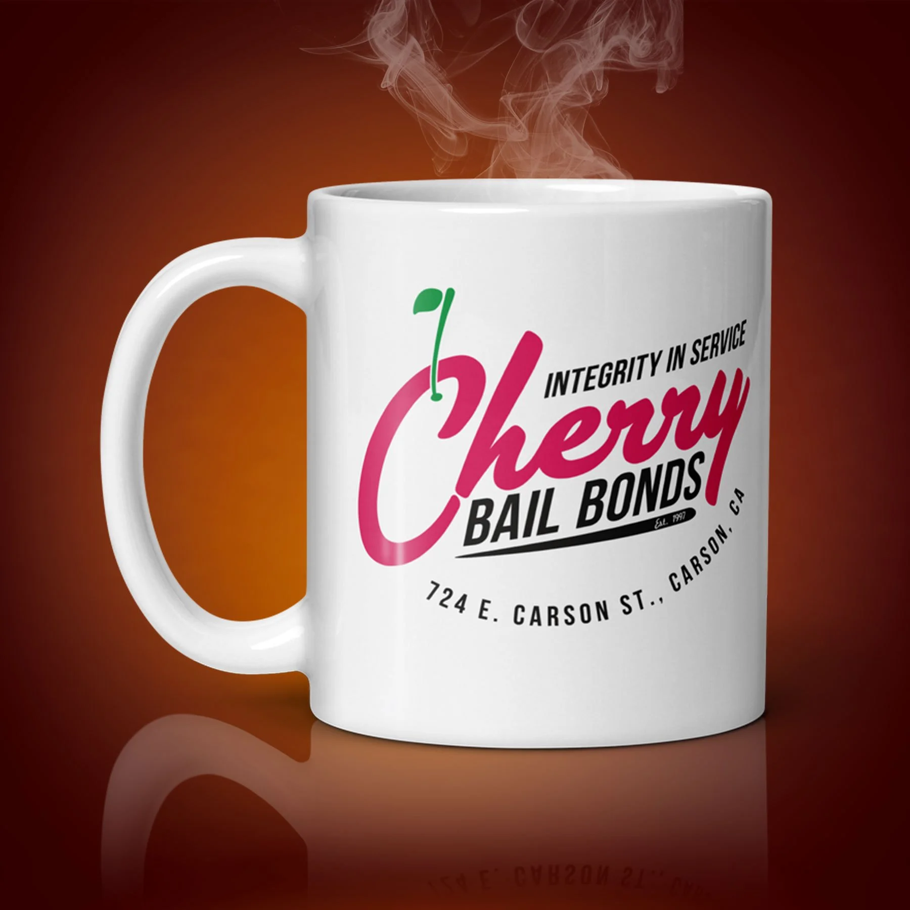 An 11-oz Cherry Bail Bonds mug displays the right side. The artwork on our mug is inspired by the movie "Jackie Brown." It is available for $21.99 with free shipping.