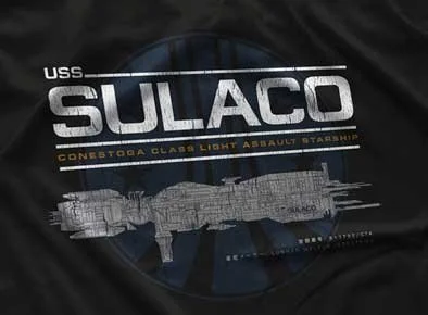 Close-up of a USS Sulaco Long Sleeve T-shirt in Black. Get your "Aliens"-inspired shirt in sizes S to 5XL, starting at just $27.99 with free shipping.