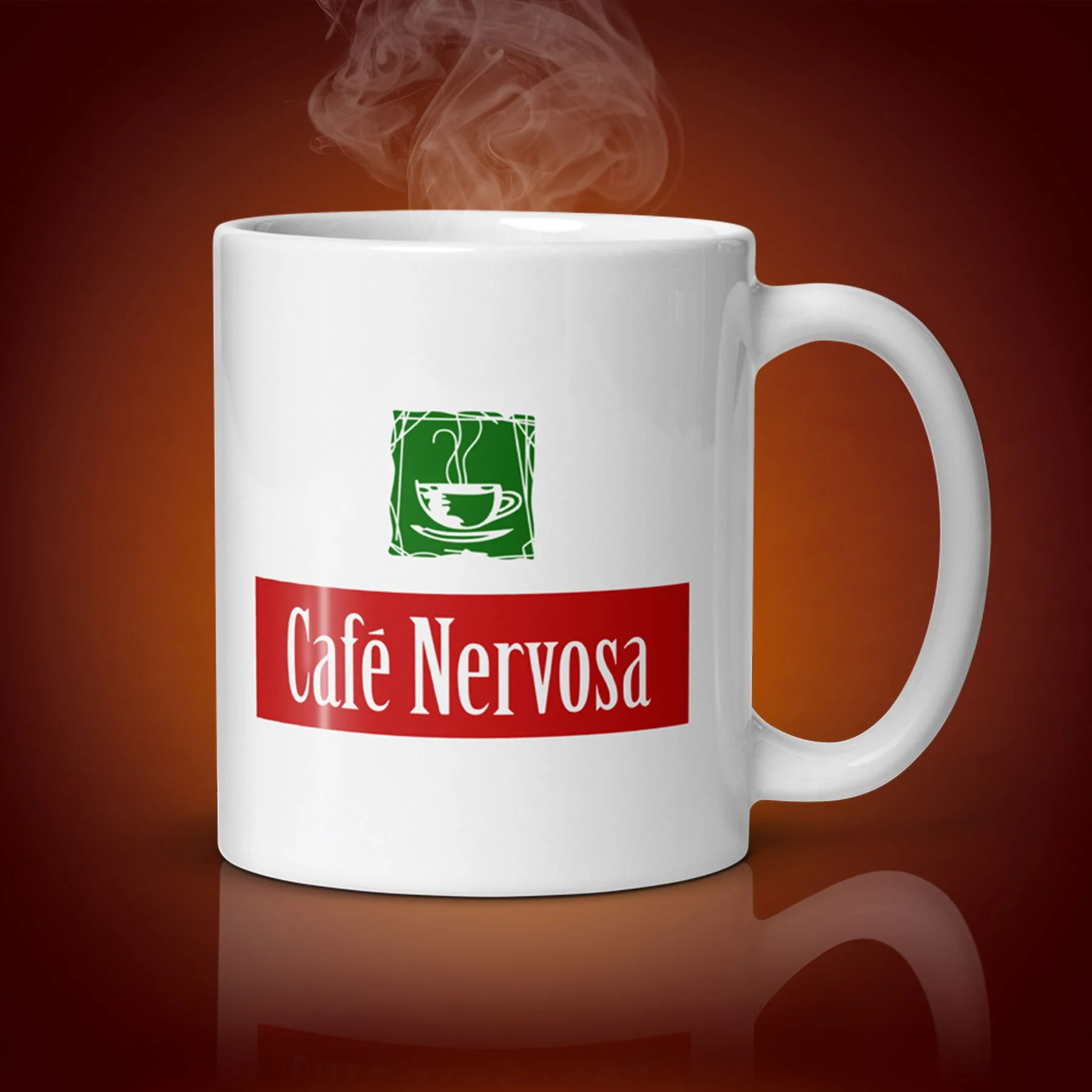 An 11-oz Café Nervosa mug displays the left side. The artwork on our mug is inspired by the show "Frasier". It is available for $21.99 with free shipping.