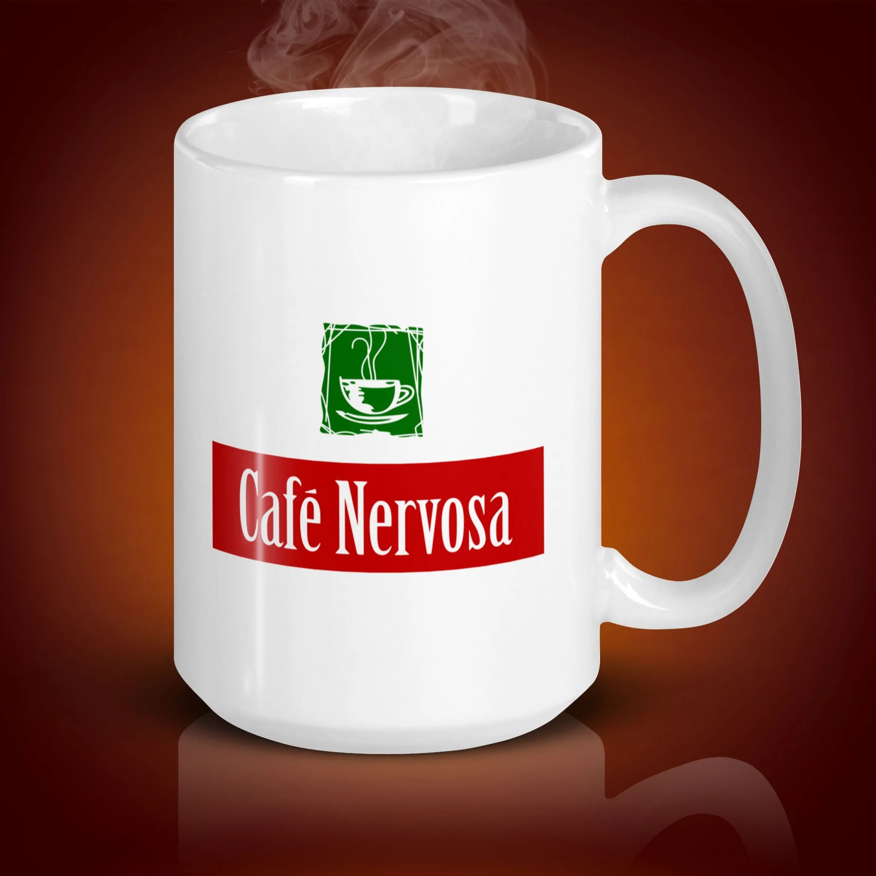 An 15-oz Café Nervosa mug displays the left side. The artwork on our mug is inspired by the show "Frasier". It is available for $21.99 with free shipping.