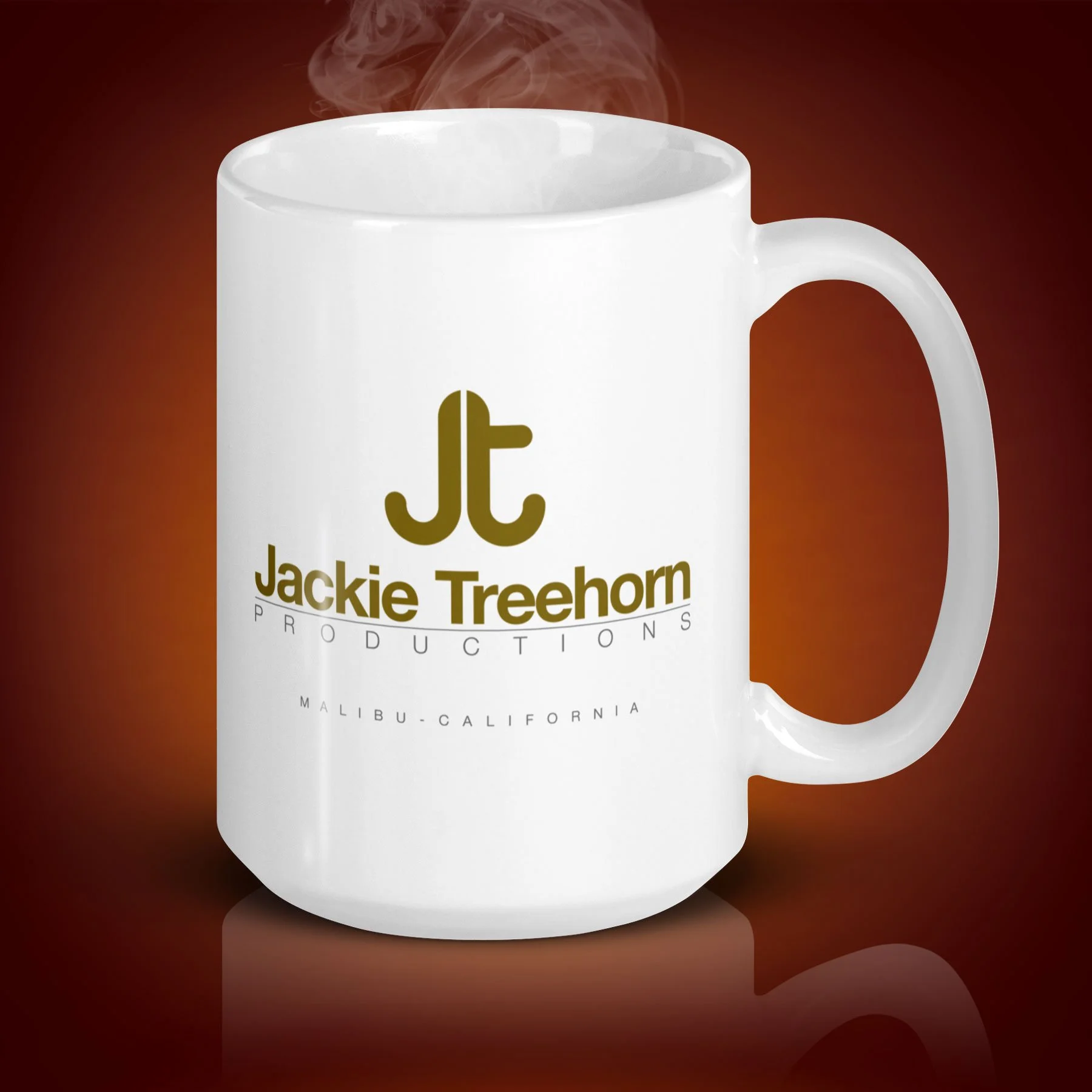 An 15-oz Jackie Treehorn Mug displays the left side. The artwork on our mug is inspired by the movie "The Big Lebowski". It is available for $24.49 with free shipping.