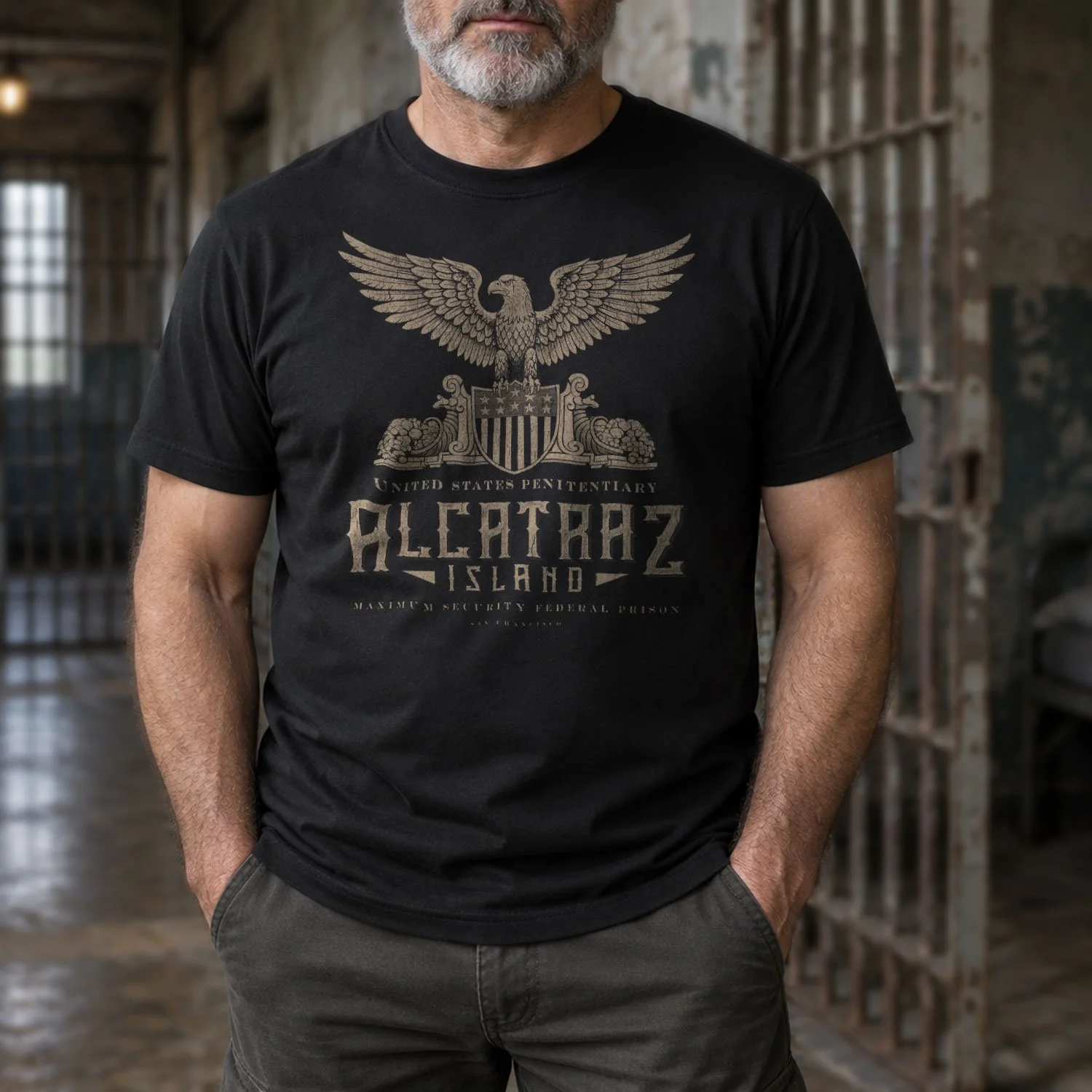Image of a man wearing an "Alcatraz Island" T-shirt in a dilapidated classic prison setting.
