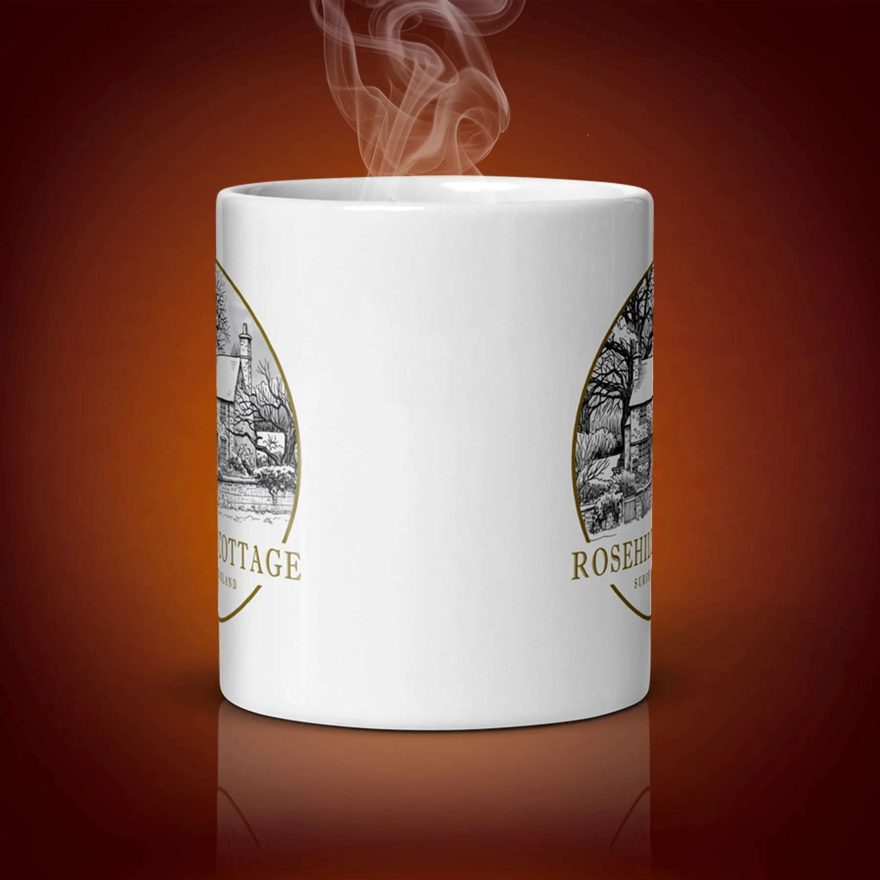 a 11 oz Rosehill Cottage mug showing the center side. The movie “The Holiday” inspired the mug. $21.99 with shipping included.