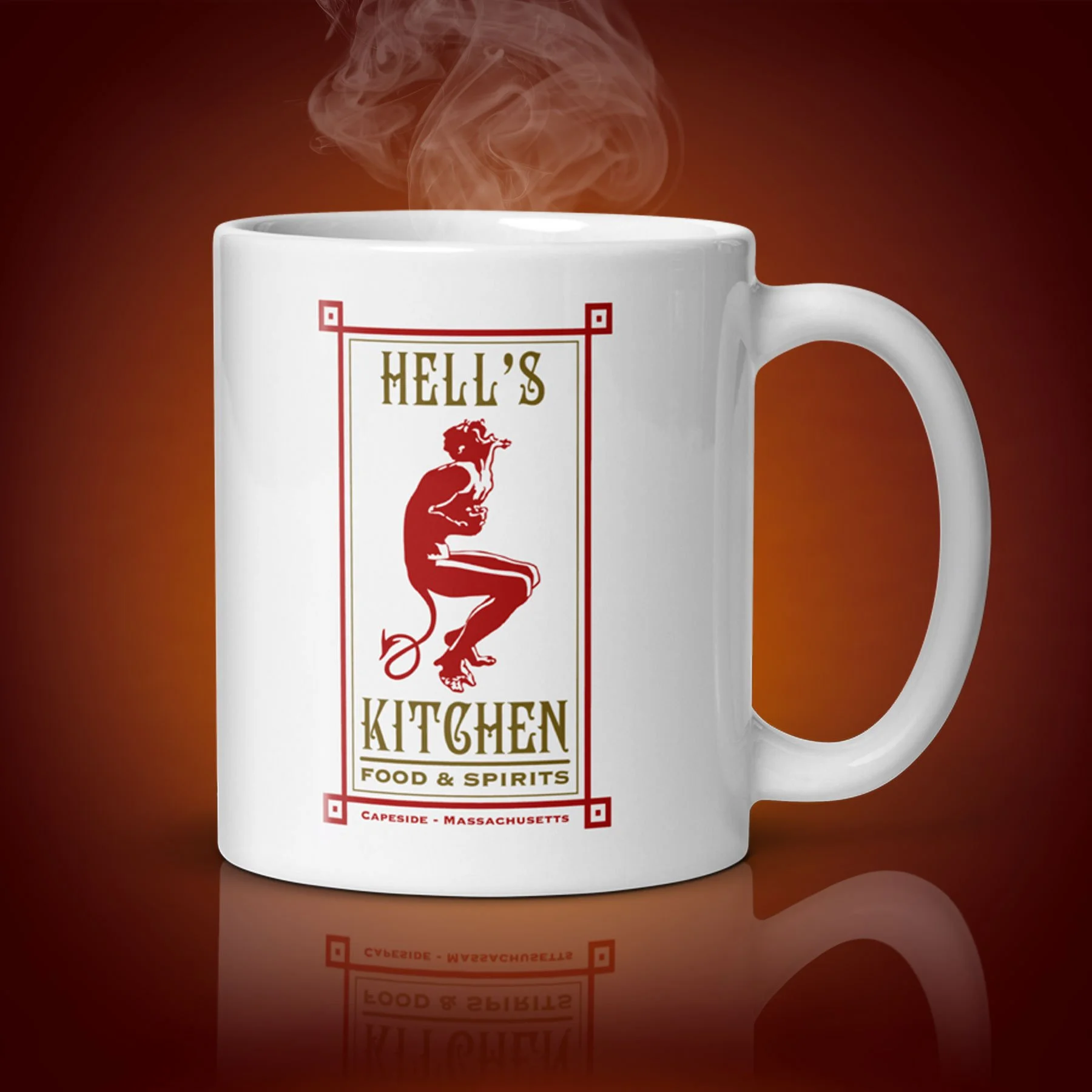 An 11-oz Hell's Kitchen mug displays the left side. The artwork on our mug is inspired by the TV series "Dawson's Creek". It is available from $21.99 with free shipping.