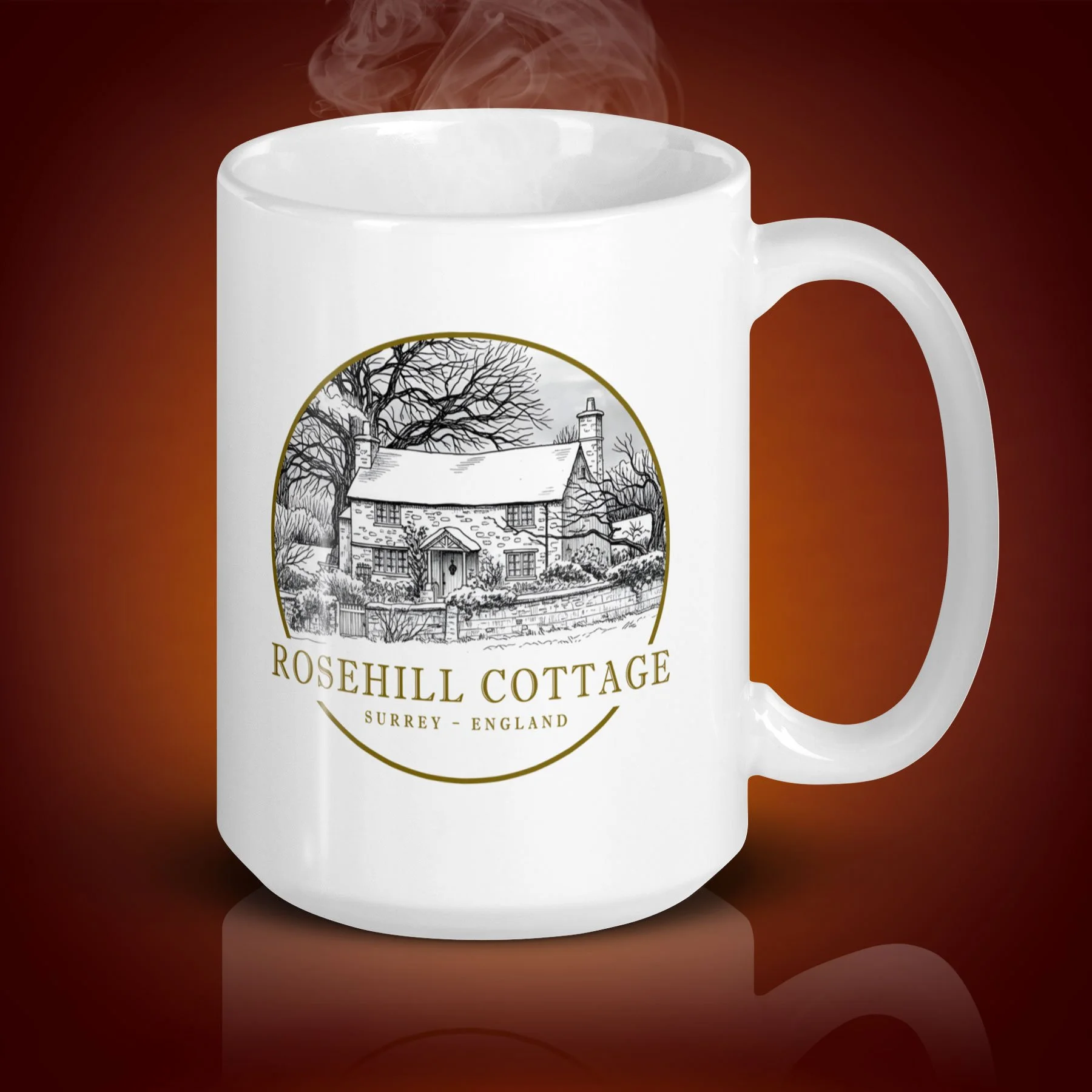 a 15 oz Rosehill Cottage mug showing the right side. The movie “The Holiday” inspired the mug. $21.99 with shipping included.