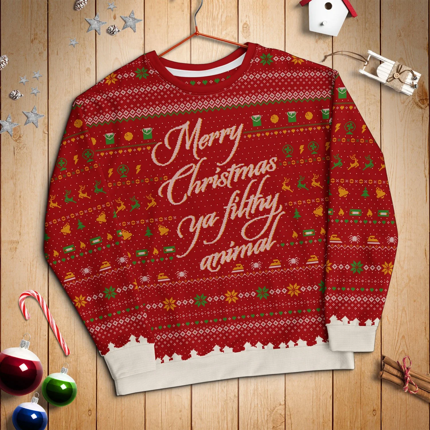A front view of the Merry Christmas Ya Filthy Animal Ugly Sweater Sweatshirt. Available in sizes XS, S, M, L, XL, 2XL, 3XL for $49.99