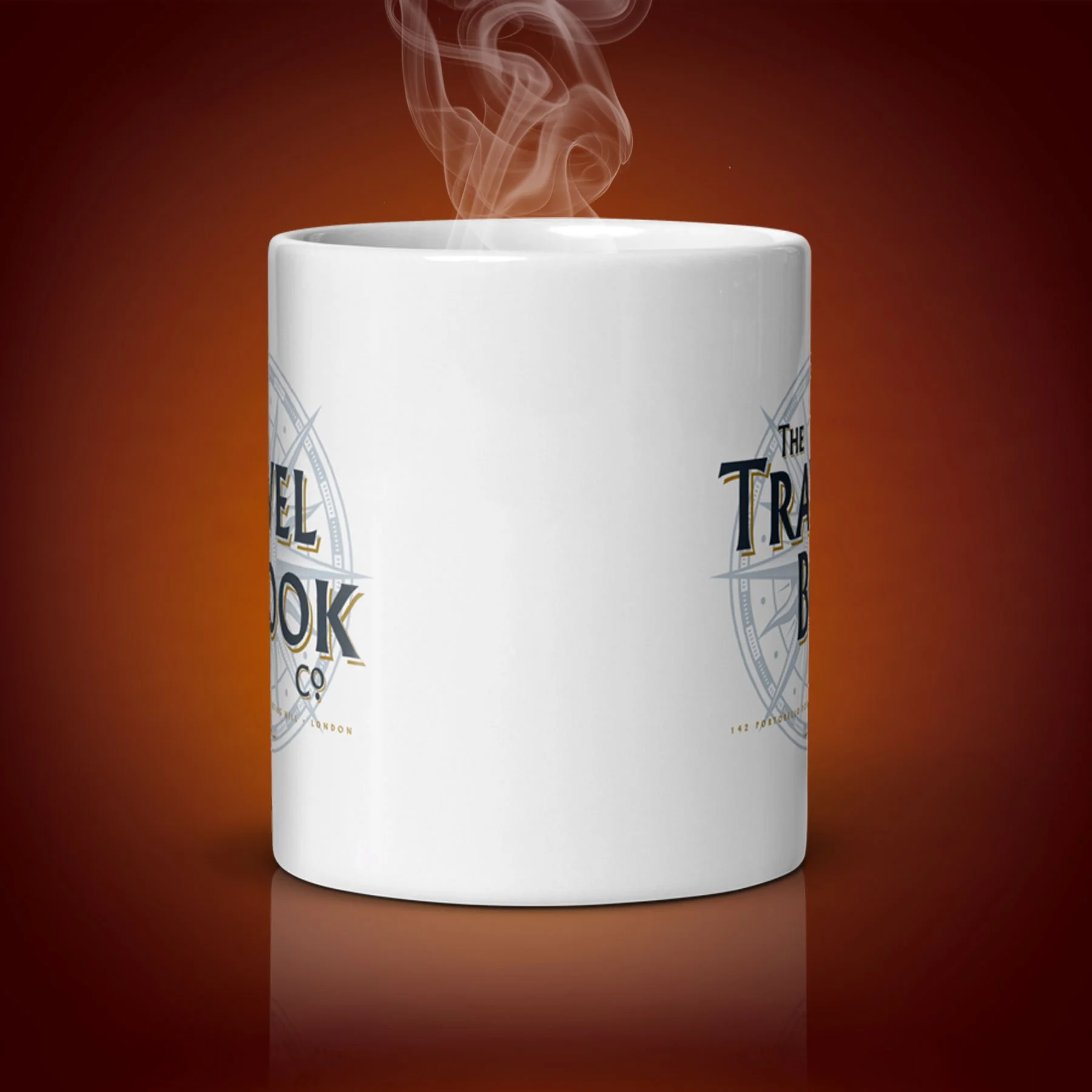 An 11-oz The Travel Book Co mug displays the center side. The artwork on our mug is inspired by the movie "Notting Hill". It is available for $21.99 with free shipping.