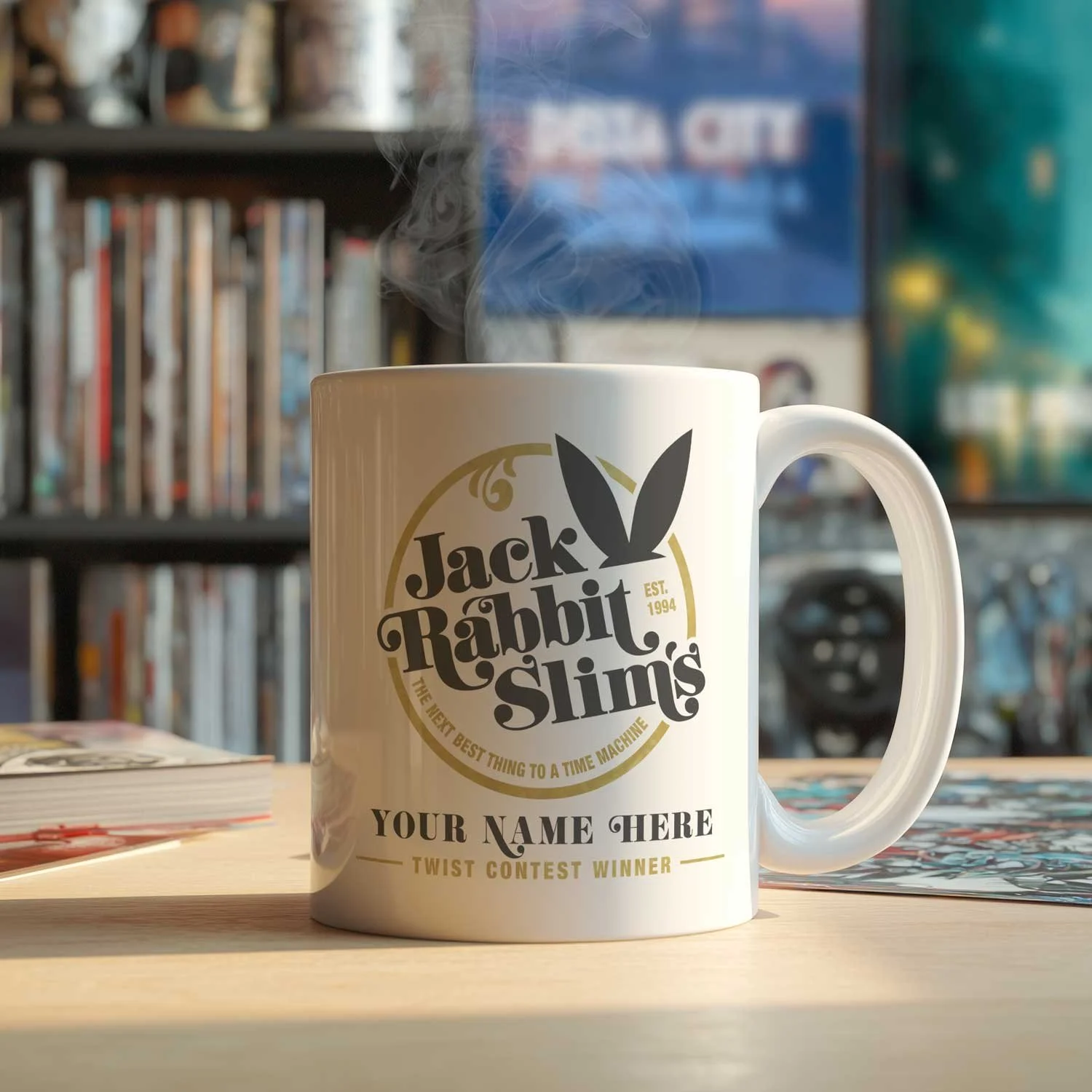 A personalized Jack Rabbit Slim's mug is displayed on a table, filled with coffee.