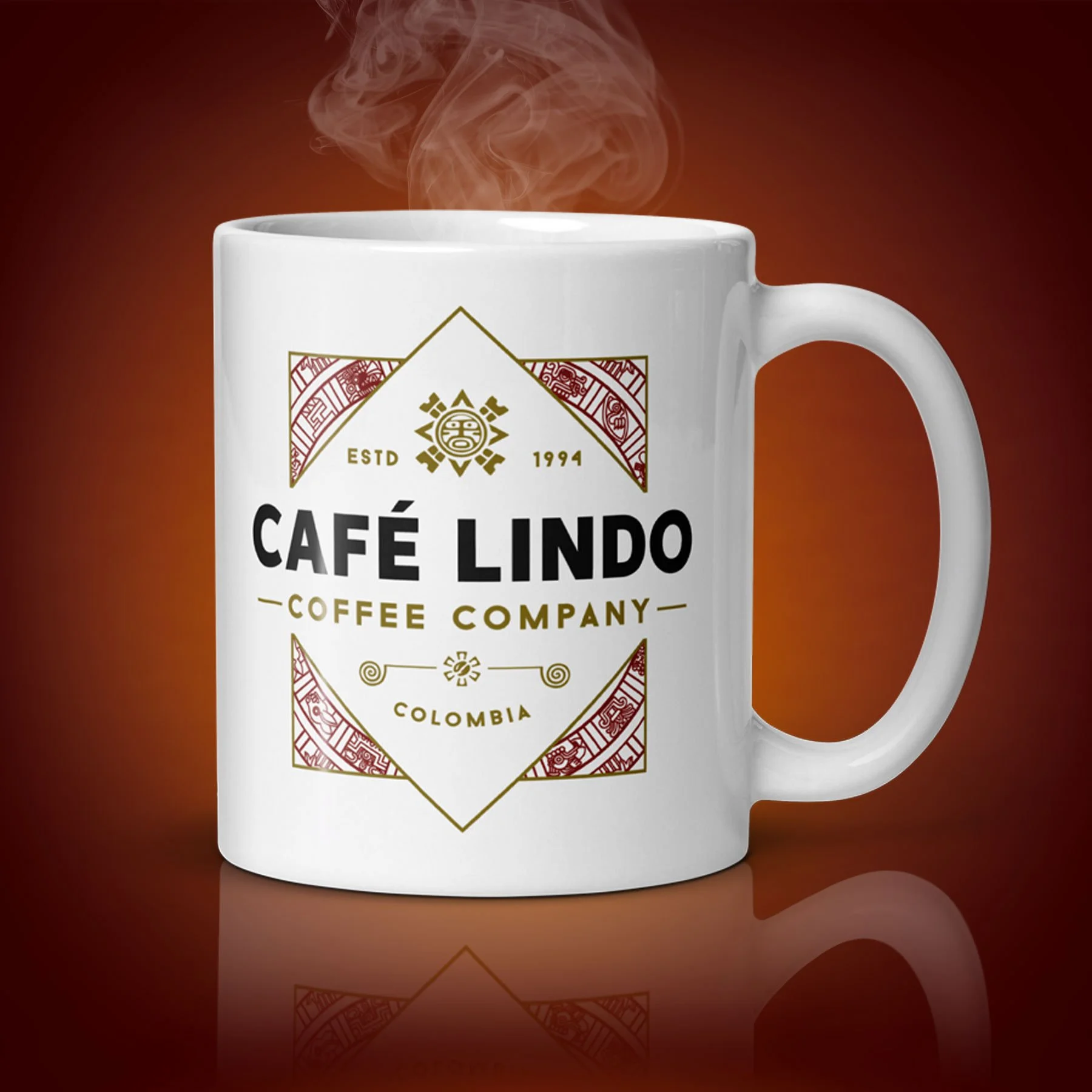 An 11-oz Café Lindo Coffee Company mug displays the left side. The artwork on our mug is inspired by the movie "Clear and Present Danger". It is available for $21.99 with free shipping.