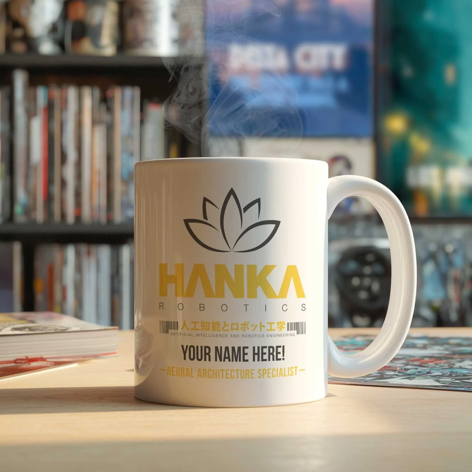 A personalized Hanka Robotics mug is displayed on a table, filled with coffee.