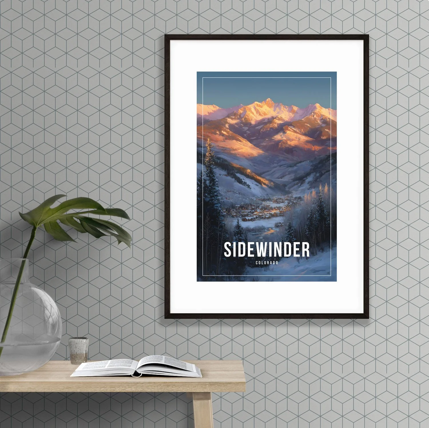 Photo of an A2 frame holding a 12x18 inches Sidewinder Colorado poster hanging on a wall.