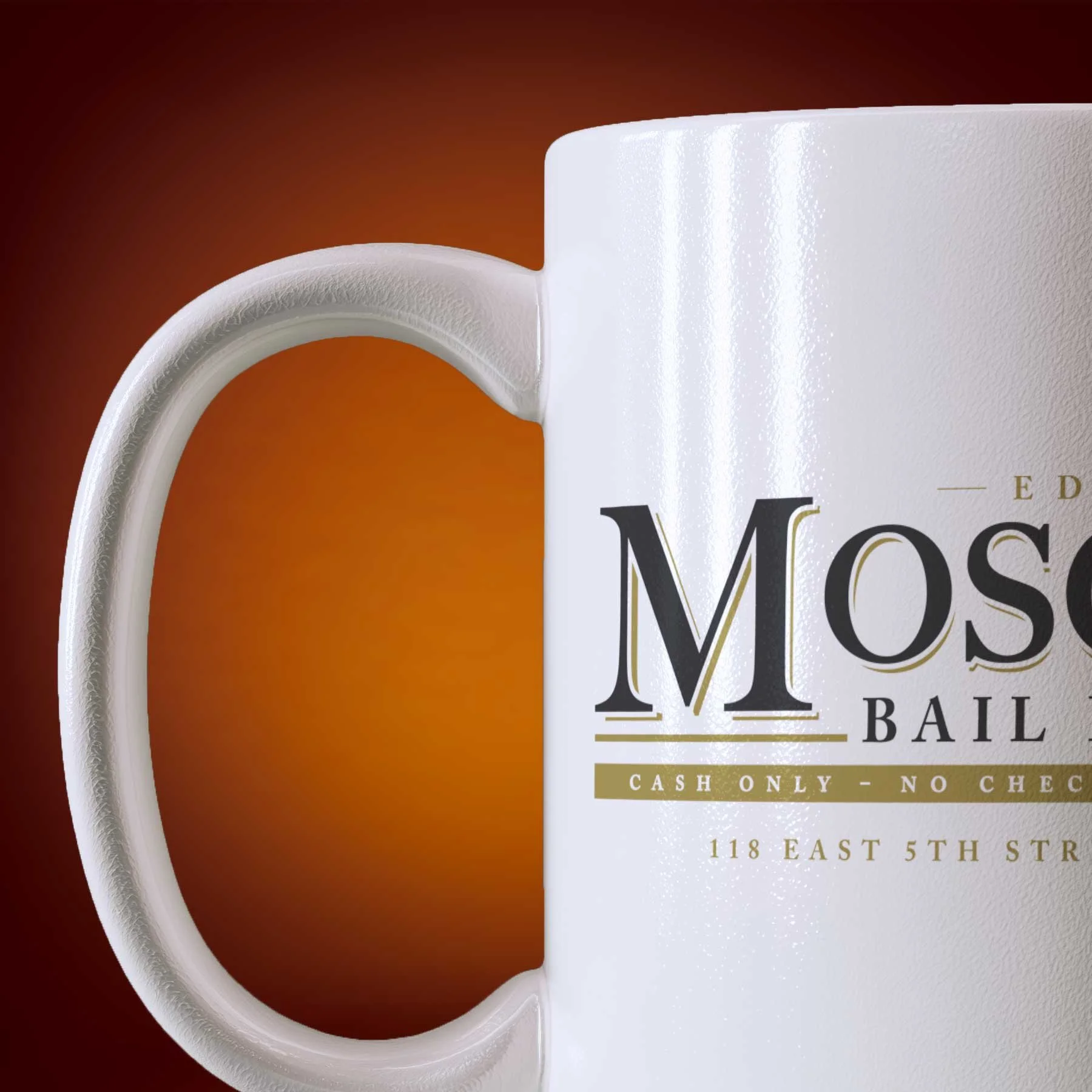 Close-up of an 11-oz Moscone Bail Bonds Mug.
