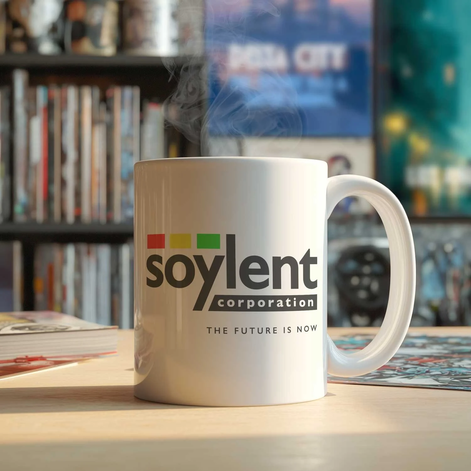A Soylent Corporation Mug is displayed on a table, filled with coffee.