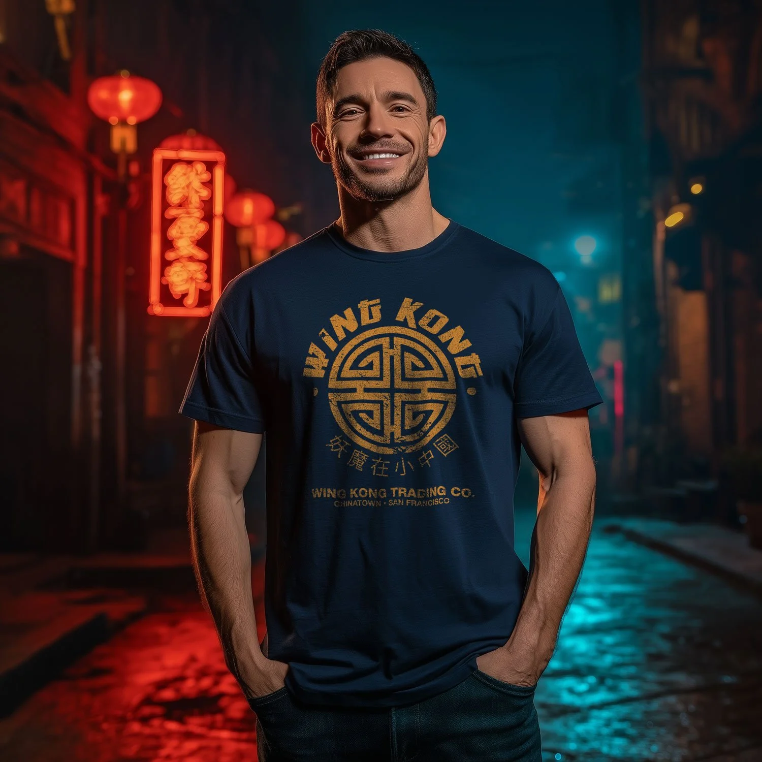 Image of a man wearing a Wing Kong Trading T-shirt in Navy Blue in a neon-lit Chinatown back alley.