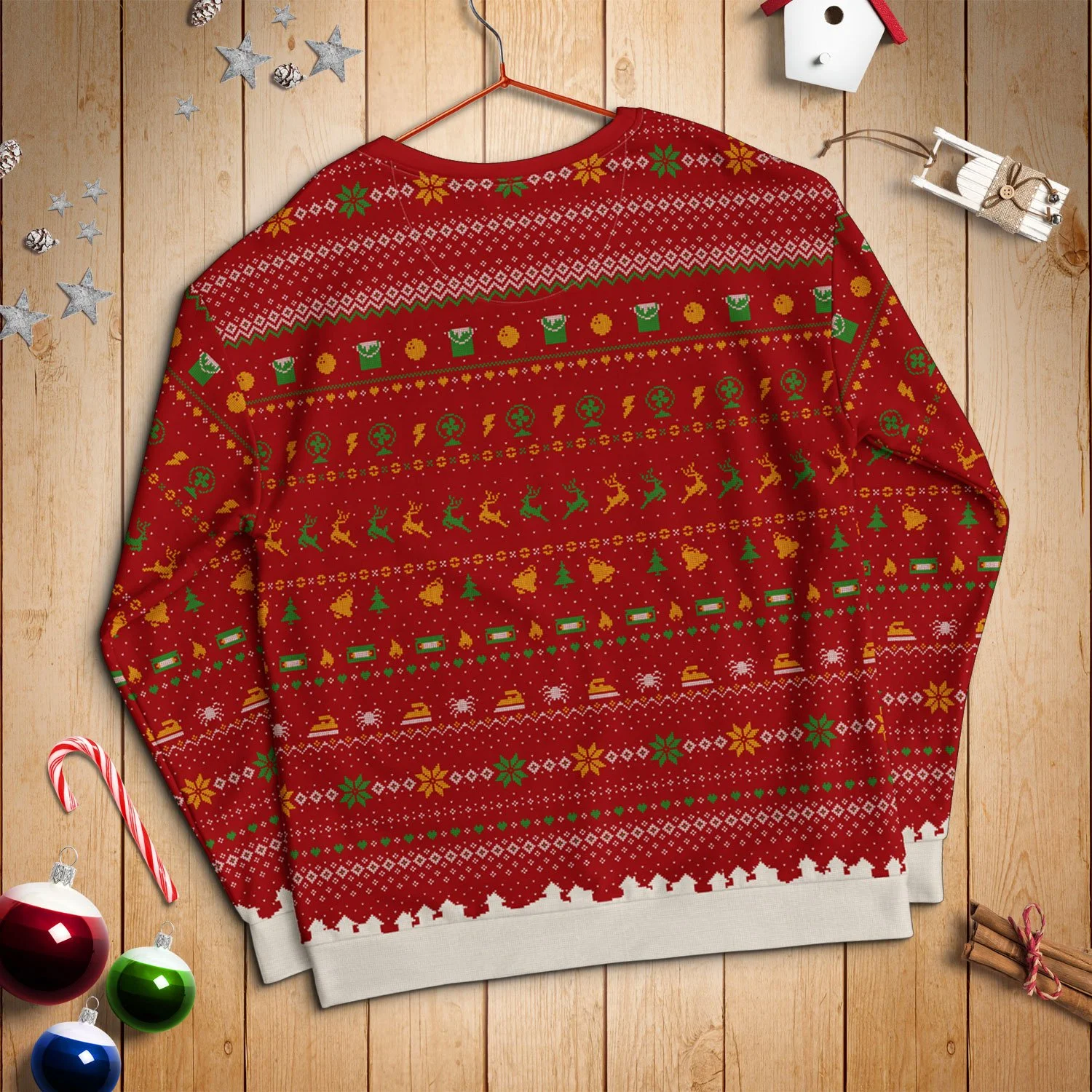 A back view of the Merry Christmas Ya Filthy Animal Ugly Sweater Sweatshirt. Available in sizes XS, S, M, L, XL, 2XL, 3XL for $49.99