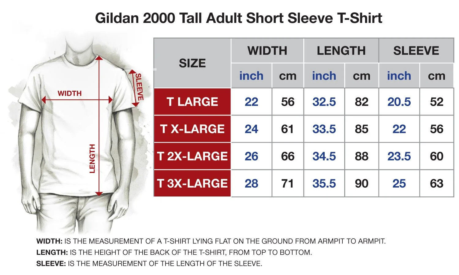 Image of the Gildan 2000 Tall sizing chart.