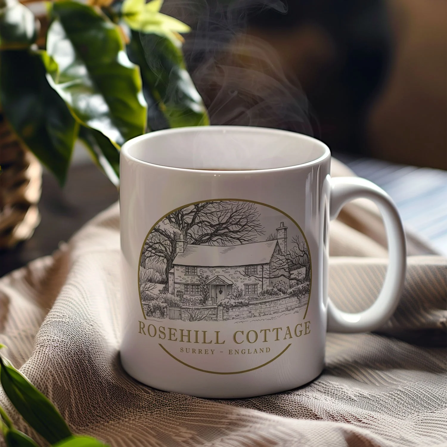 Image of a Rosehill Cottage Mug with warm coffee inside on a table.