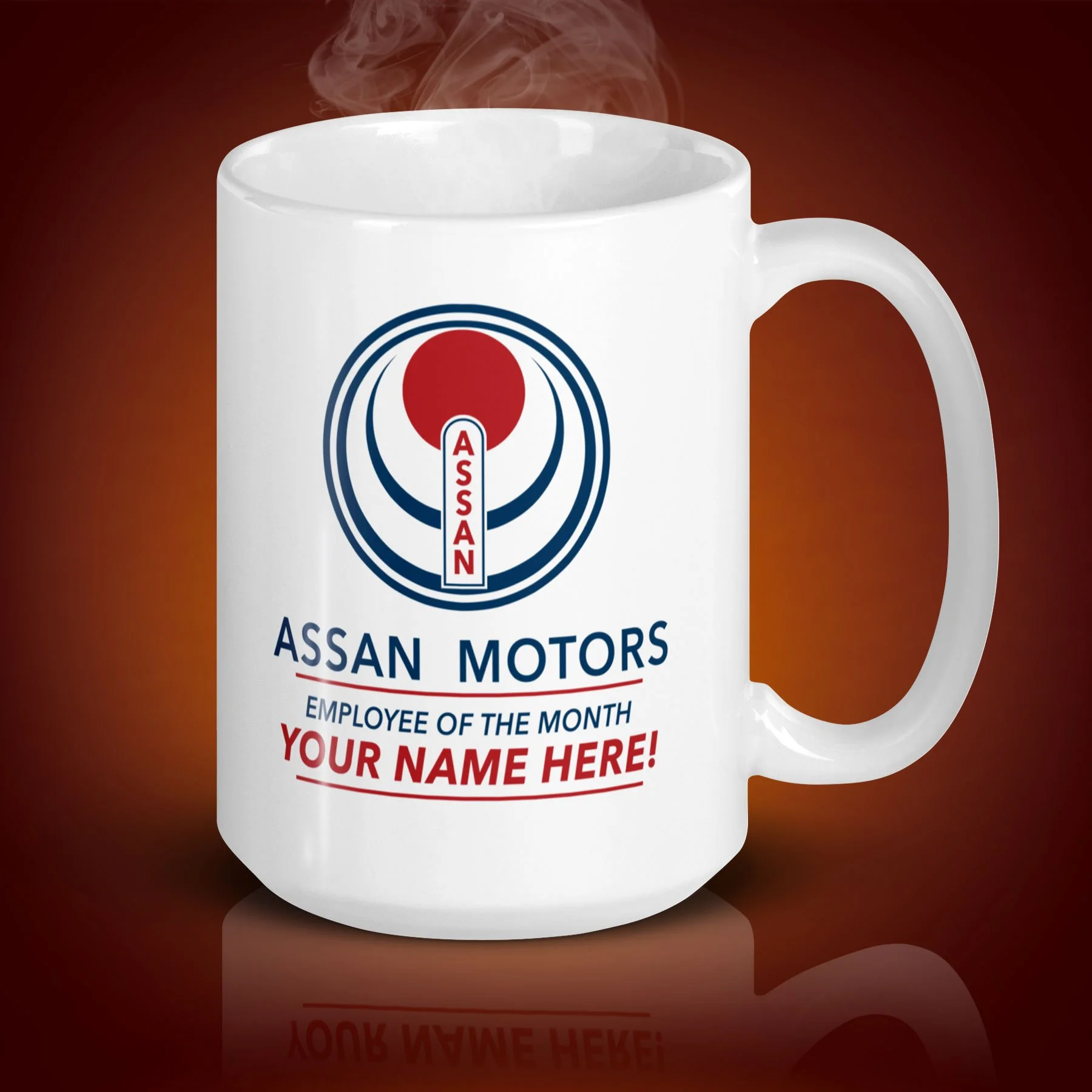 An 15-oz personalized Assan Motors Mug displays the left side. The artwork on our mug is inspired by the movie "Gung Ho". It is available for $27.49 with free shipping.