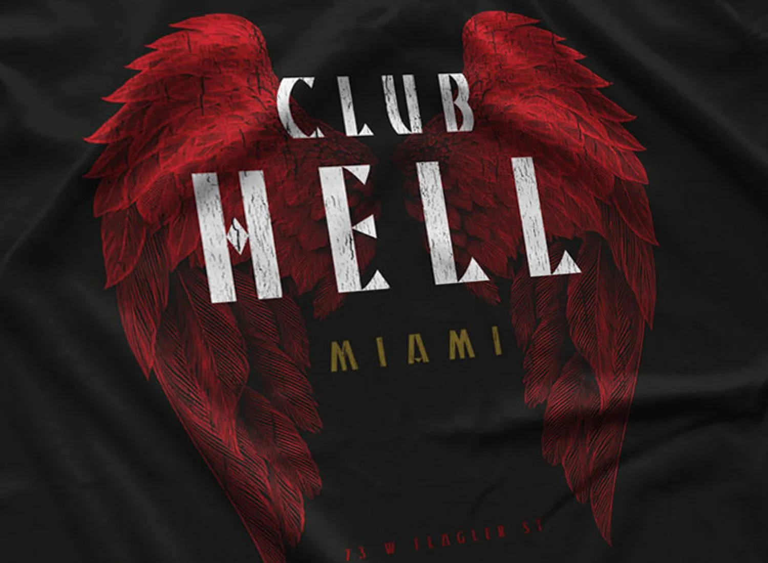 Close-up of a Club Hell T-shirt in Black. Get your "Bad Boys"-inspired shirt in sizes S to 5XL, starting at just $21.49 with free shipping.