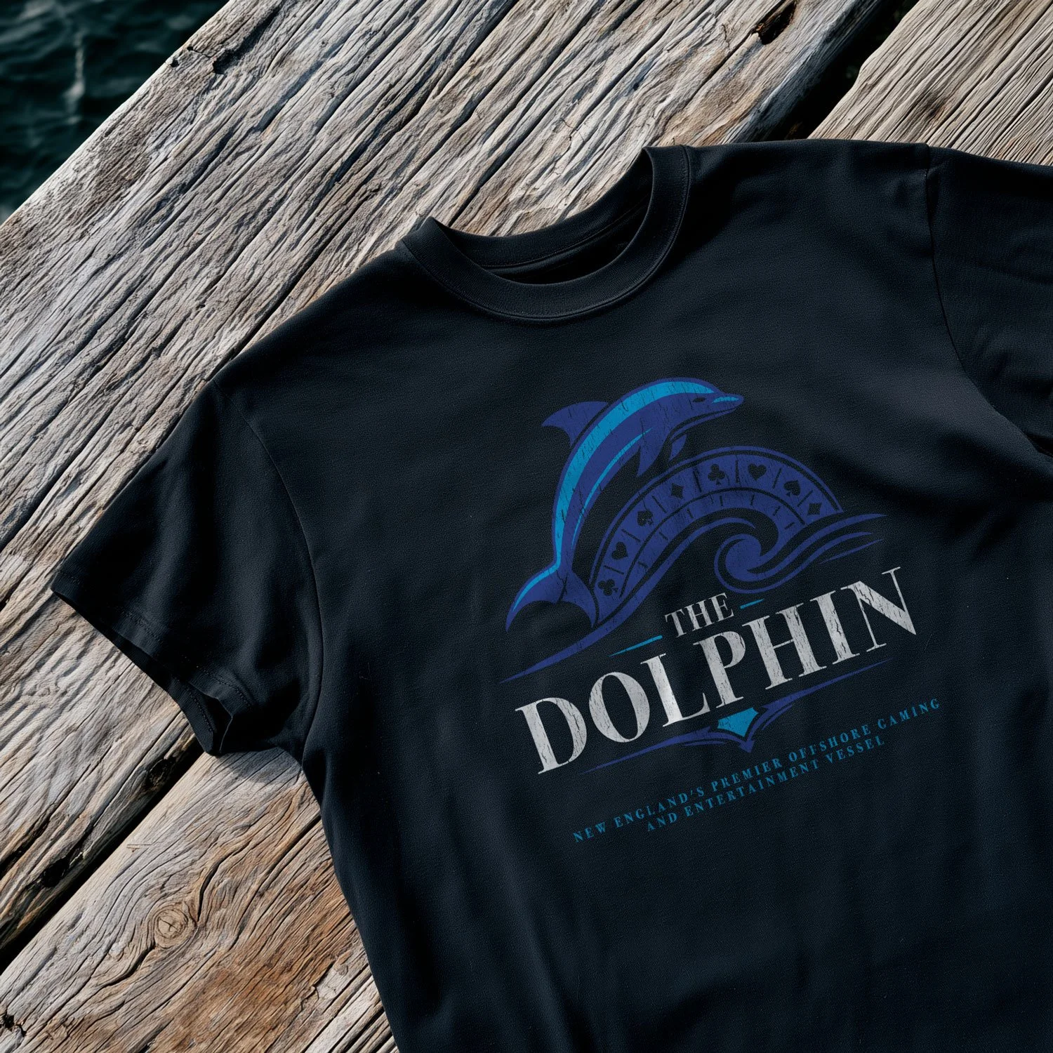 A The Dolphin T-shirt is lying on wooden planks in a harbour next to the water.