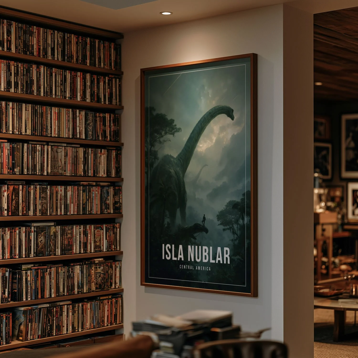A framed 24x36-inch poster of Isla Nublar hangs on a white wall next to shelves filled with DVDs. It costs from $24.99, and shipping is included.