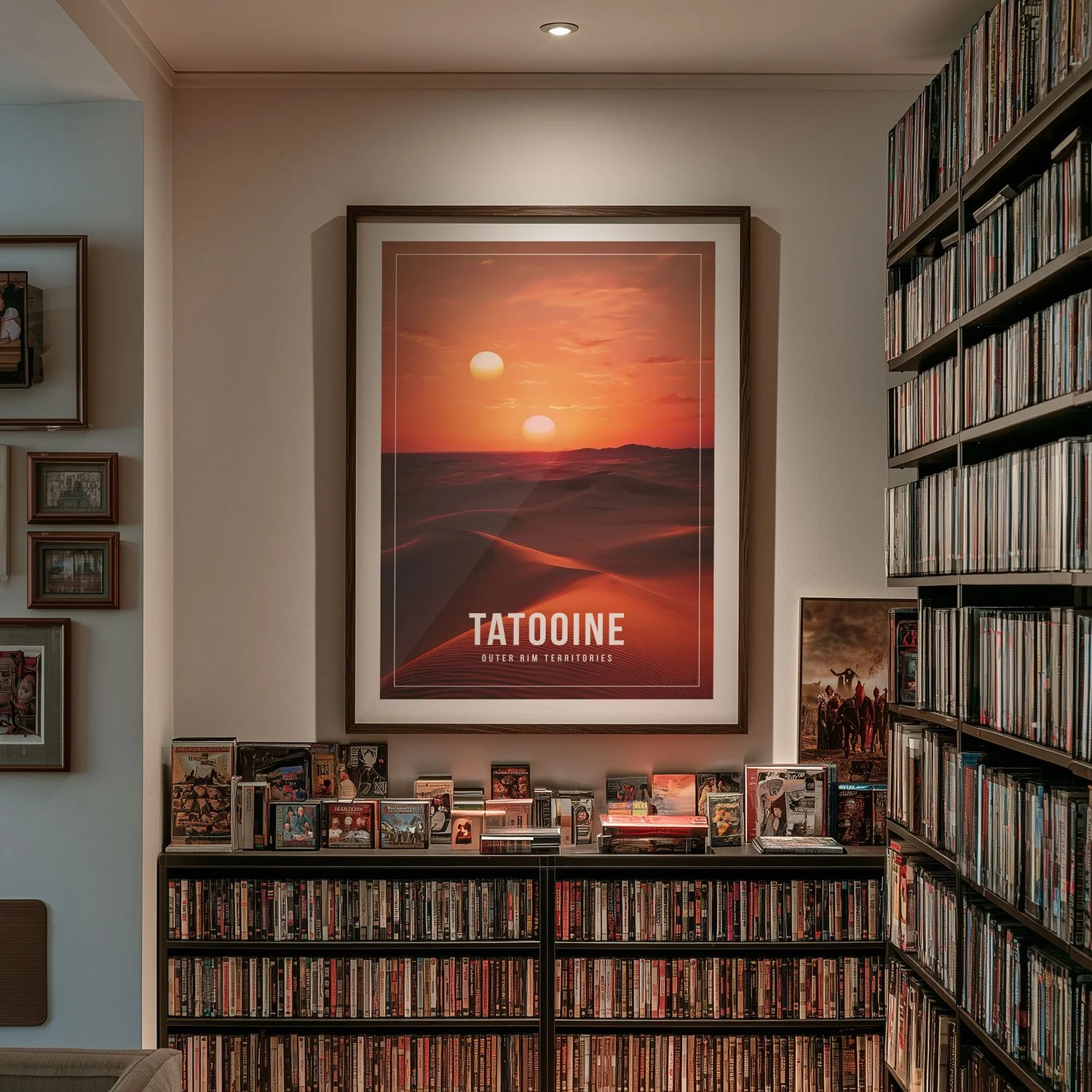 An A1 frame holding a 20x30-inch poster of Tatooine hangs on a white wall above shelves filled with DVDs. The artwork on our poster is inspired by the movie "Star Wars – A New Hope".