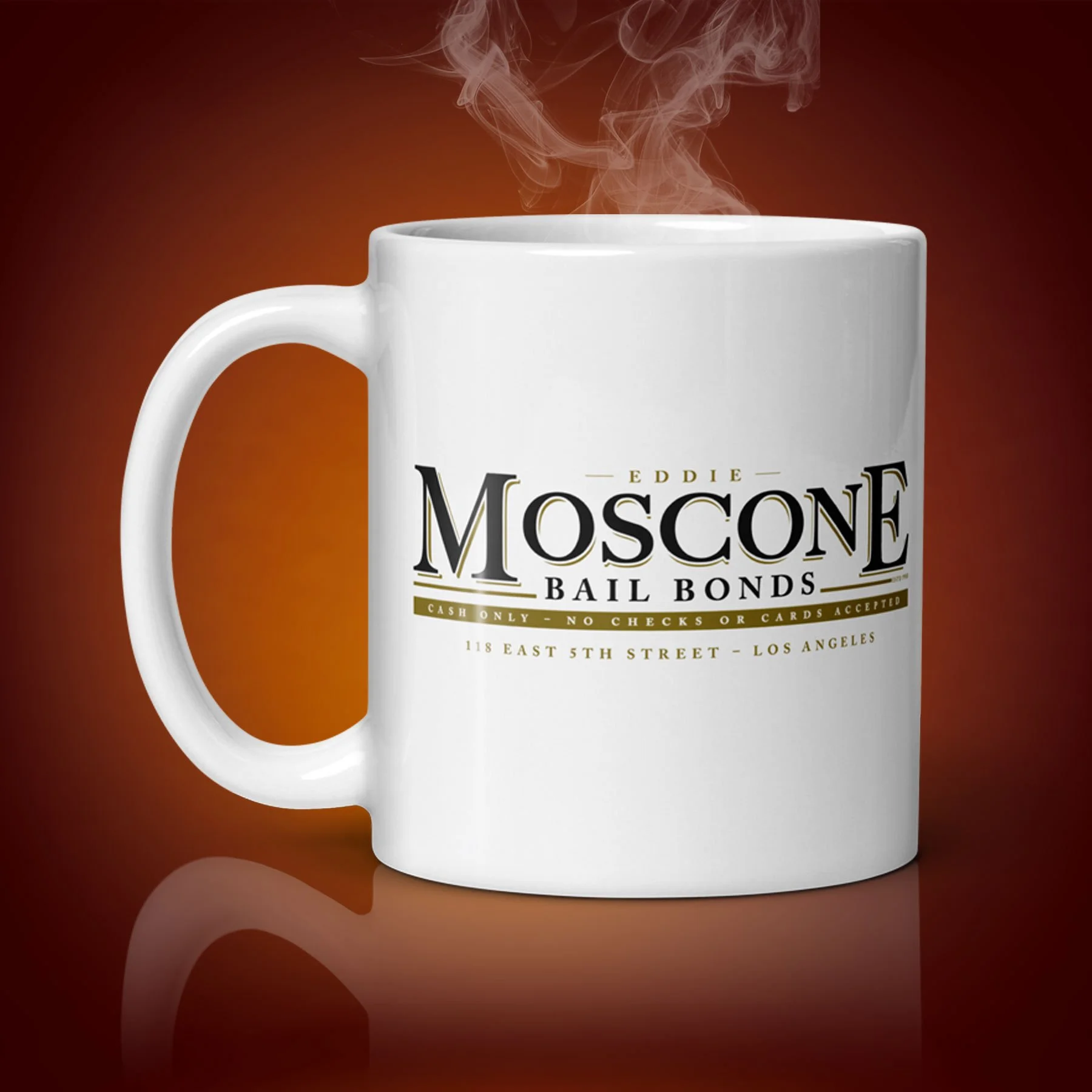 An 11-oz Moscone Bail Bonds Mug displays the right side. The artwork on our mug is inspired by the movie "Midnight Run". It is available for $21.99 with free shipping.