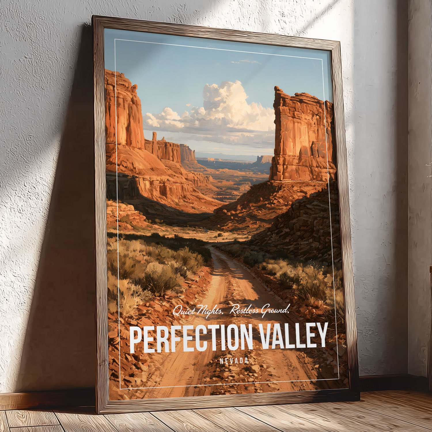 A 12x18-inch Perfection Valley poster in a wood frame is leaning against a wall. The artwork on our poster is inspired by the movie "Tremors". It costs from $24.99, and shipping is included.