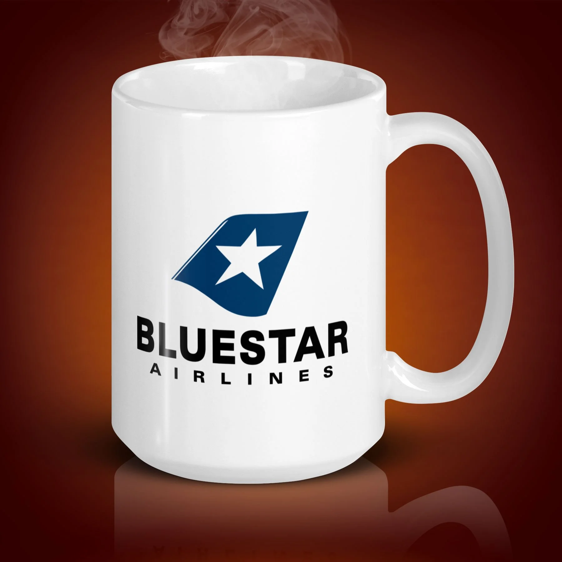 An 15-oz BlueStar Airlines mug displays the left side. The artwork on our mug is inspired by the movie "Wall Street". It is available for $24.49 with free shipping.