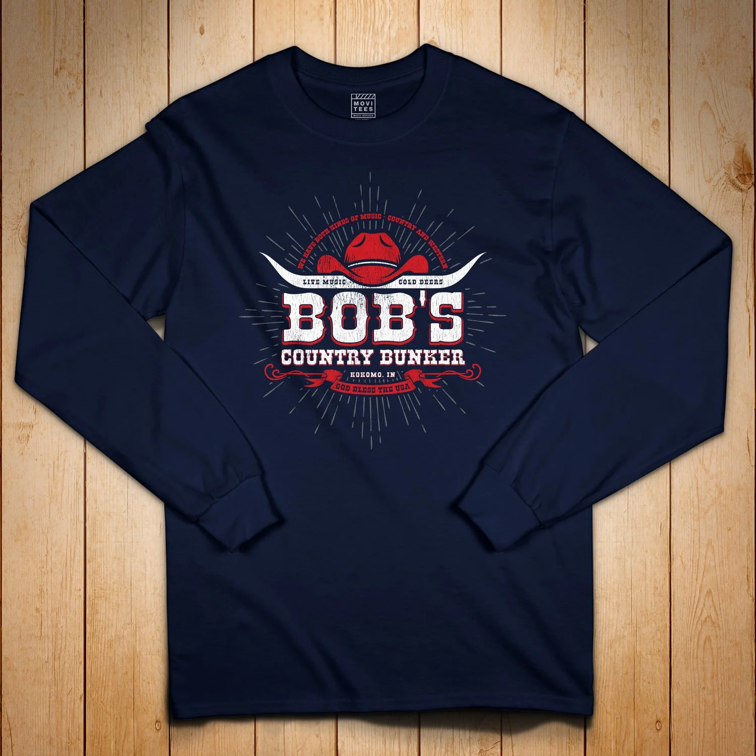 Bob's Country Bunker Long Sleeve T-shirt in Navy Blue. Get your "The Blues Brothers"-inspired shirt in sizes S to 5XL, starting at just $27.99 with free shipping.