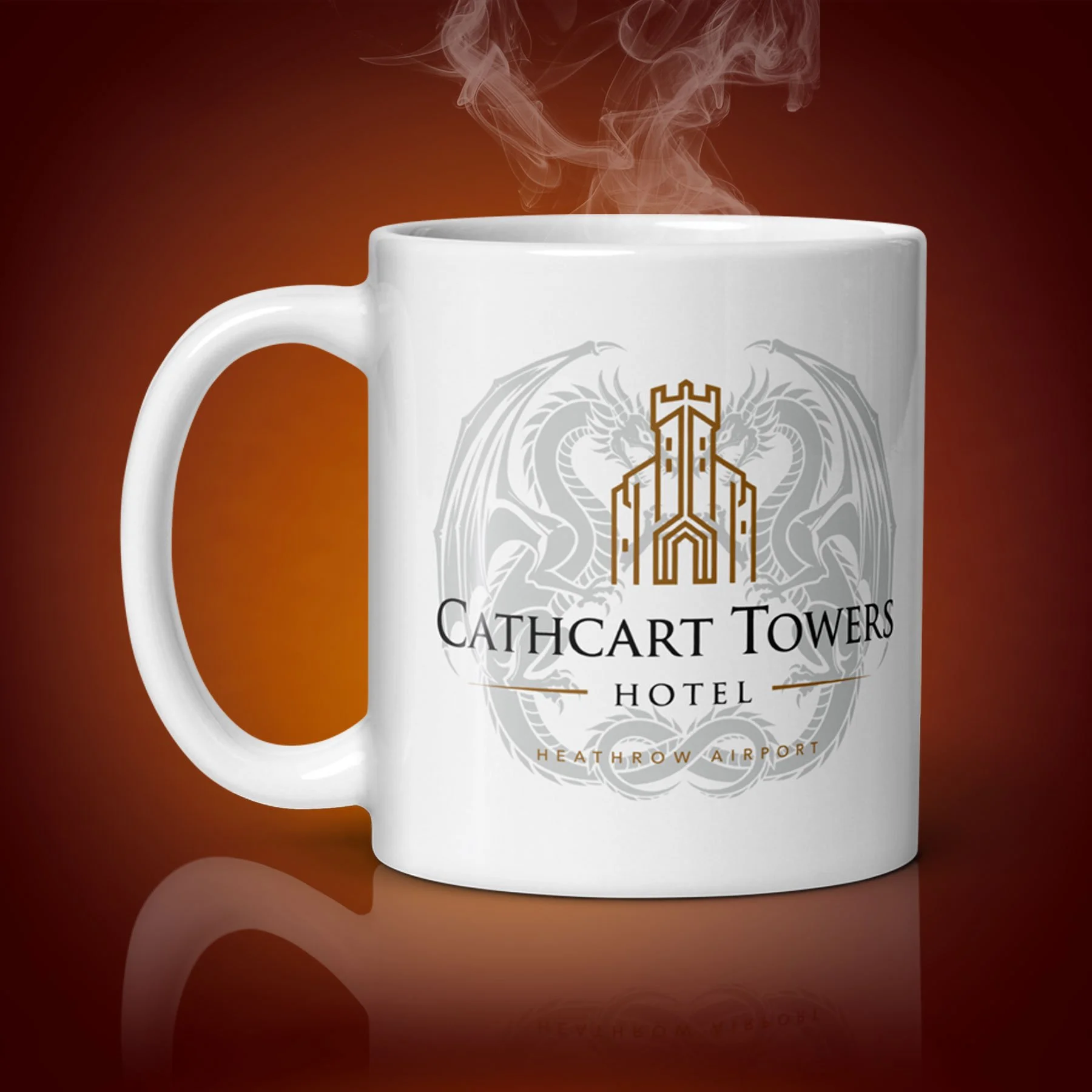 An 11-oz Cathcart Towers Hotel Mug displays the right side. The artwork on our mug is inspired by the movie "A Fish Called Wanda". It is available for $21.99 with free shipping.