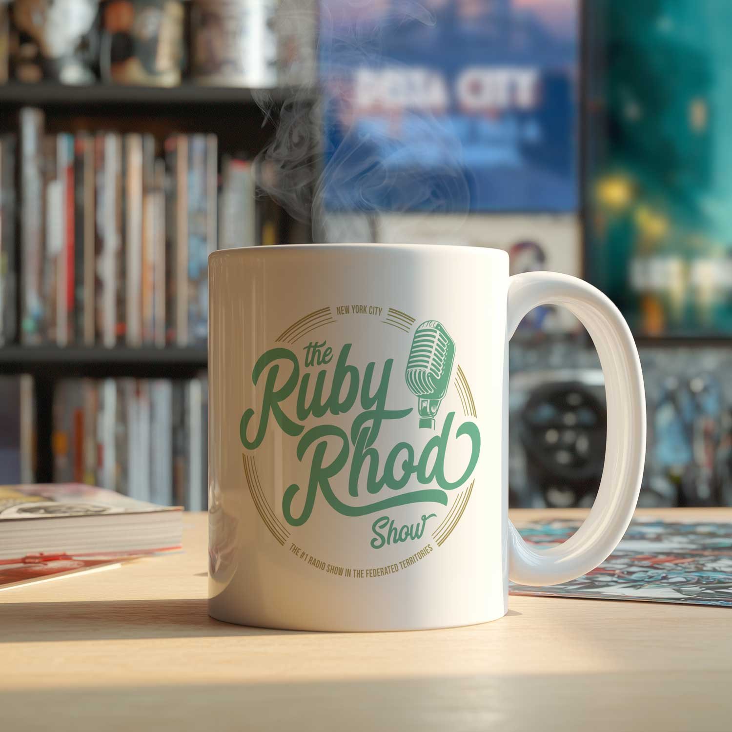 A The Ruby Rhod Show Mug is displayed on a table, filled with coffee.