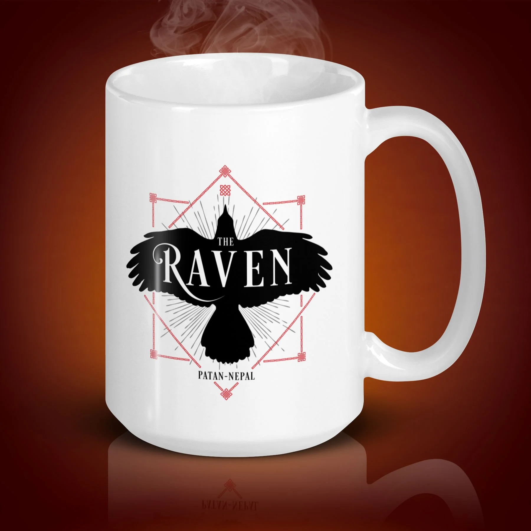 An 15-oz The Raven mug displays the left side. The artwork on our mug is inspired by the movie "Raiders of the Lost Ark". It is available for $24.49 with free shipping.