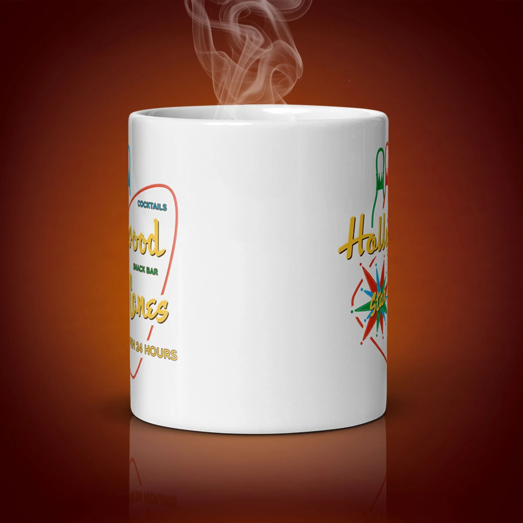 An 11-oz Hollywood Star Lanes mug displays the center side. The artwork on our mug is inspired by the movie "The Big Lebowski". It is available for $21.99 with free shipping.