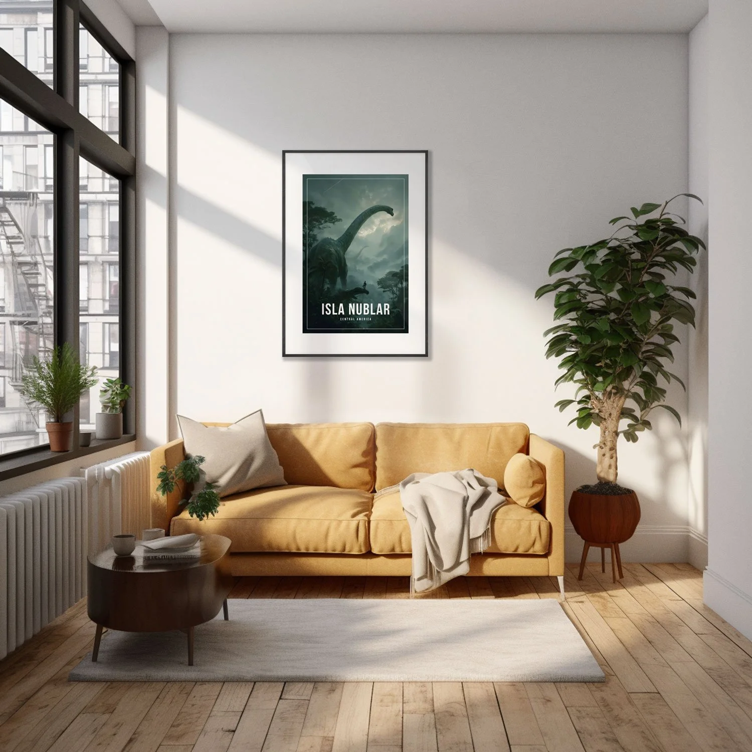 Photo of a living room with an A0 frame holding a 24x36 inches Isla Nublar poster hanging on a wall above a couch.