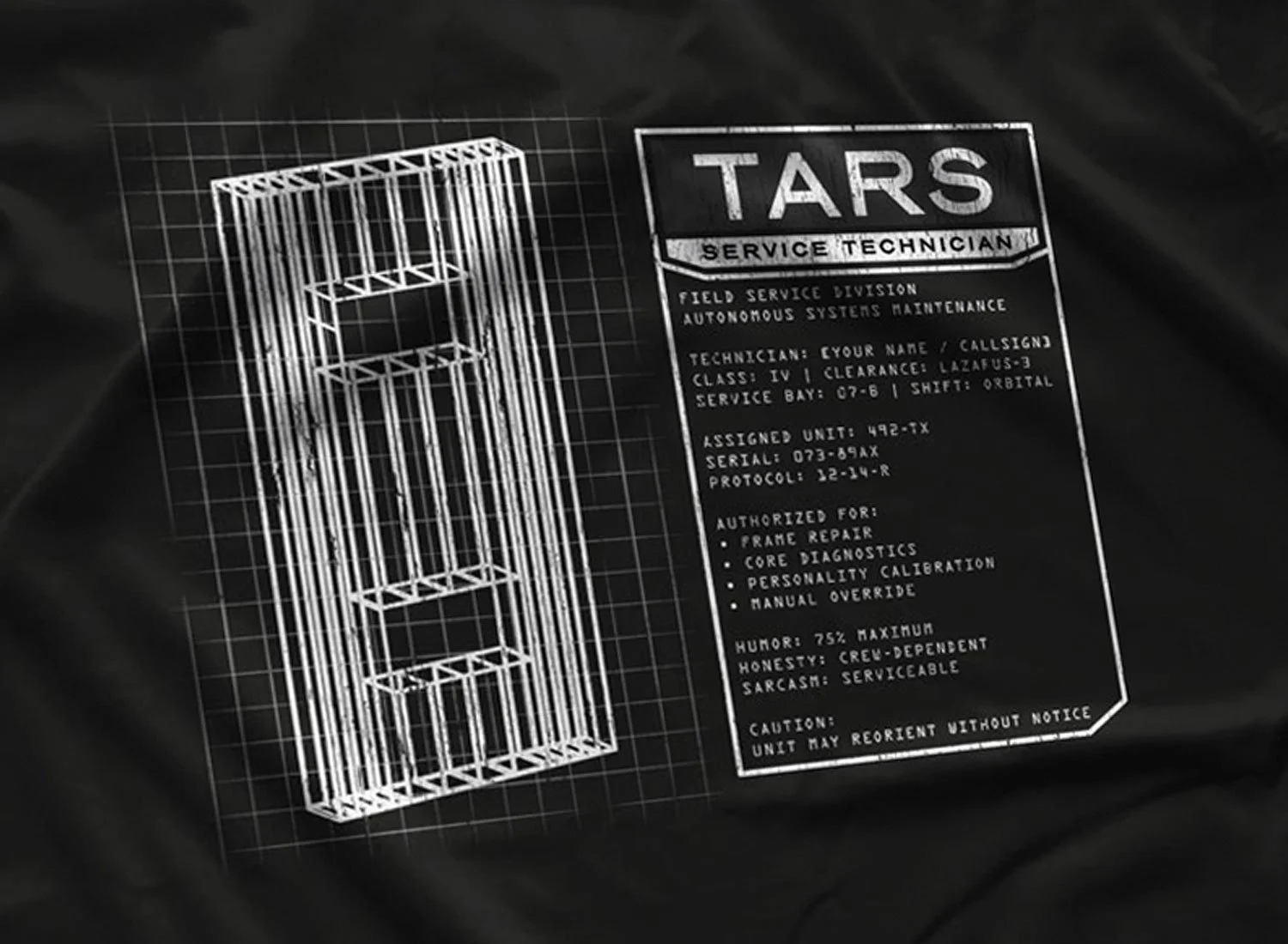 Close-up of a Personalized TARS Service Technician T-shirt in Black. Get your "Interstellar"-inspired shirt in sizes S to 5XL, starting at just $21.49 with free shipping.