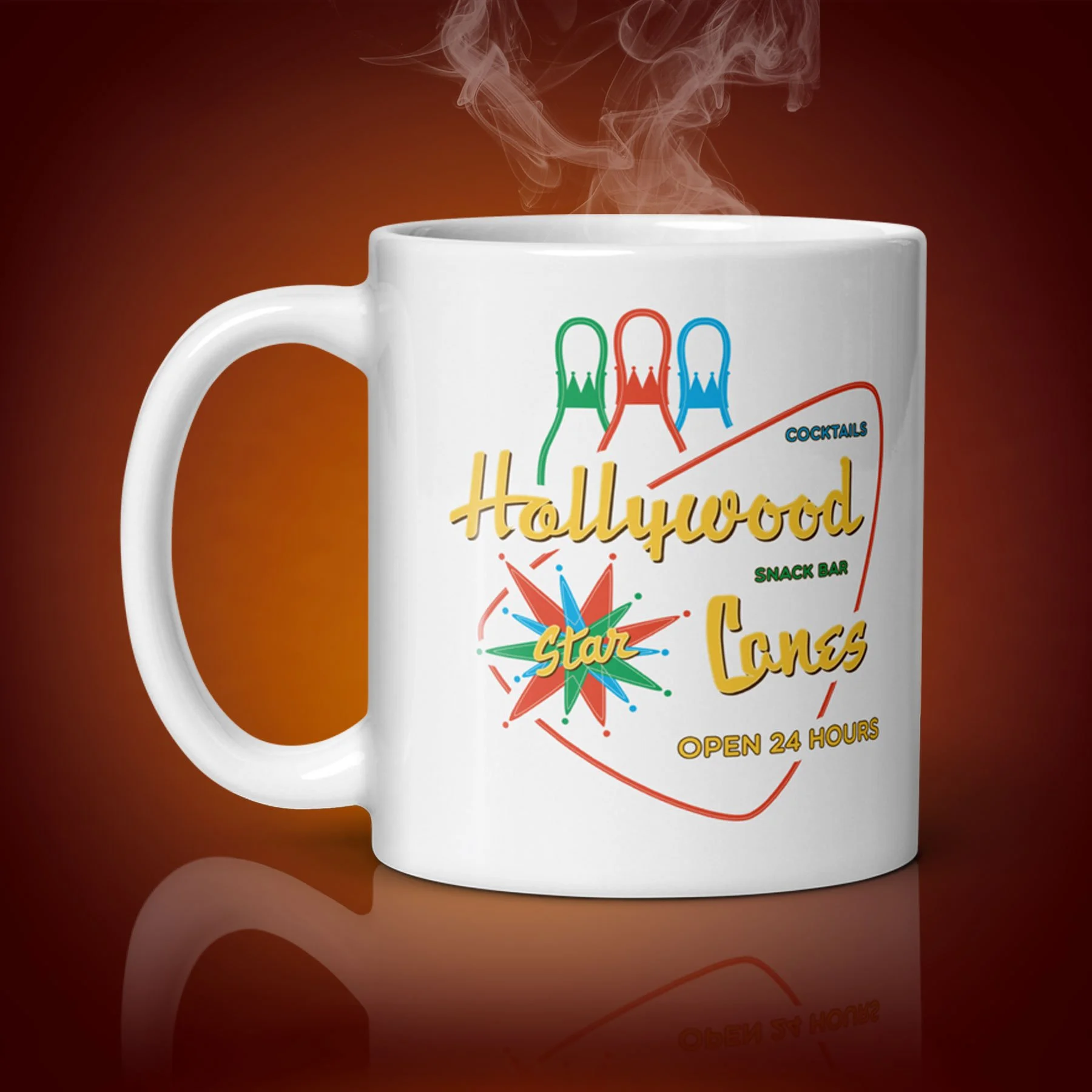An 11-oz Hollywood Star Lanes mug displays the right side. The artwork on our mug is inspired by the movie "The Big Lebowski". It is available for $21.99 with free shipping.
