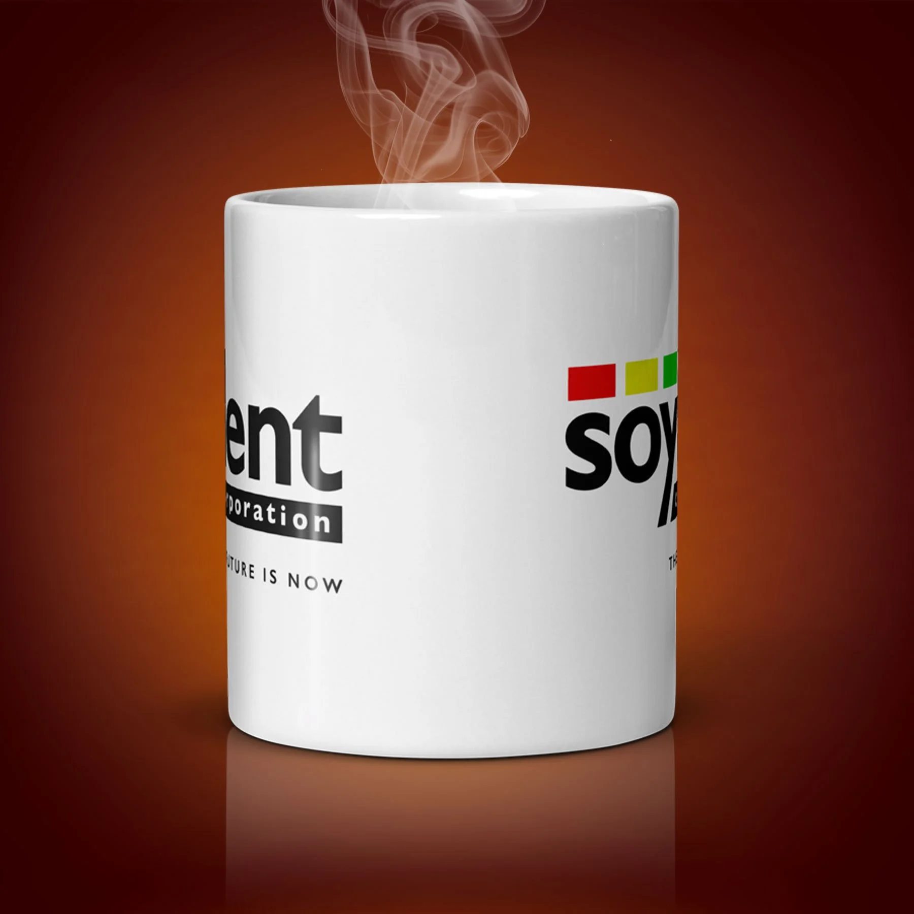 An 11-oz Soylent Corporation Mug displays the center side. The artwork on our mug is inspired by the movie "Soylent Green". It is available for $21.99 with free shipping.