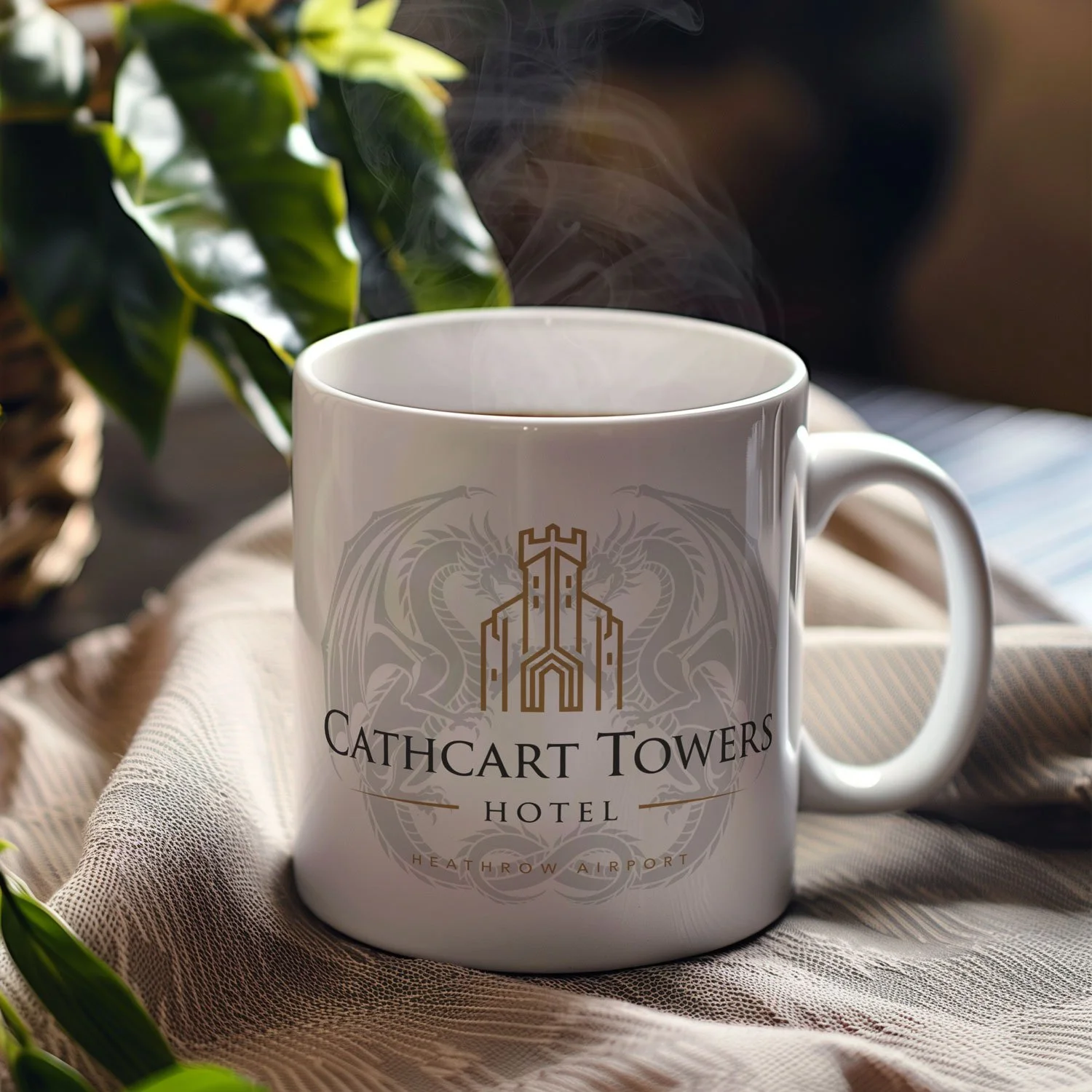 A Cathcart Towers Hotel Mug is displayed on a table, filled with coffee.