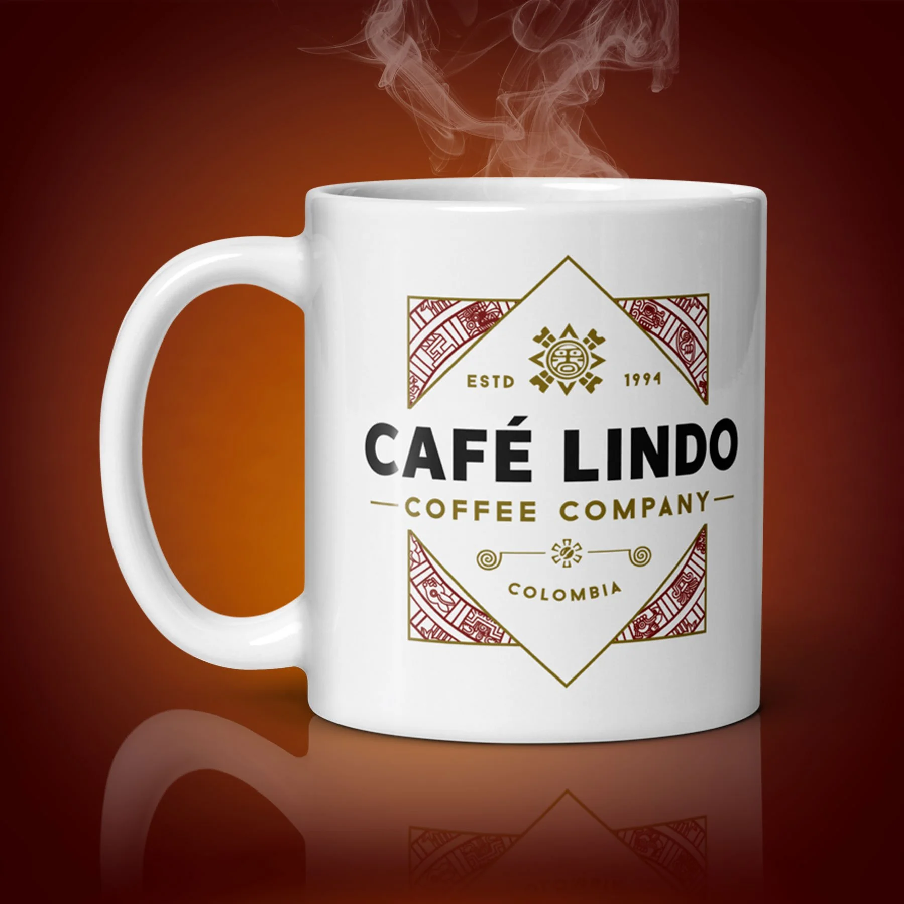 An 11-oz Café Lindo Coffee Company mug displays the right side. The artwork on our mug is inspired by the movie "Clear and Present Danger". It is available for $21.99 with free shipping.