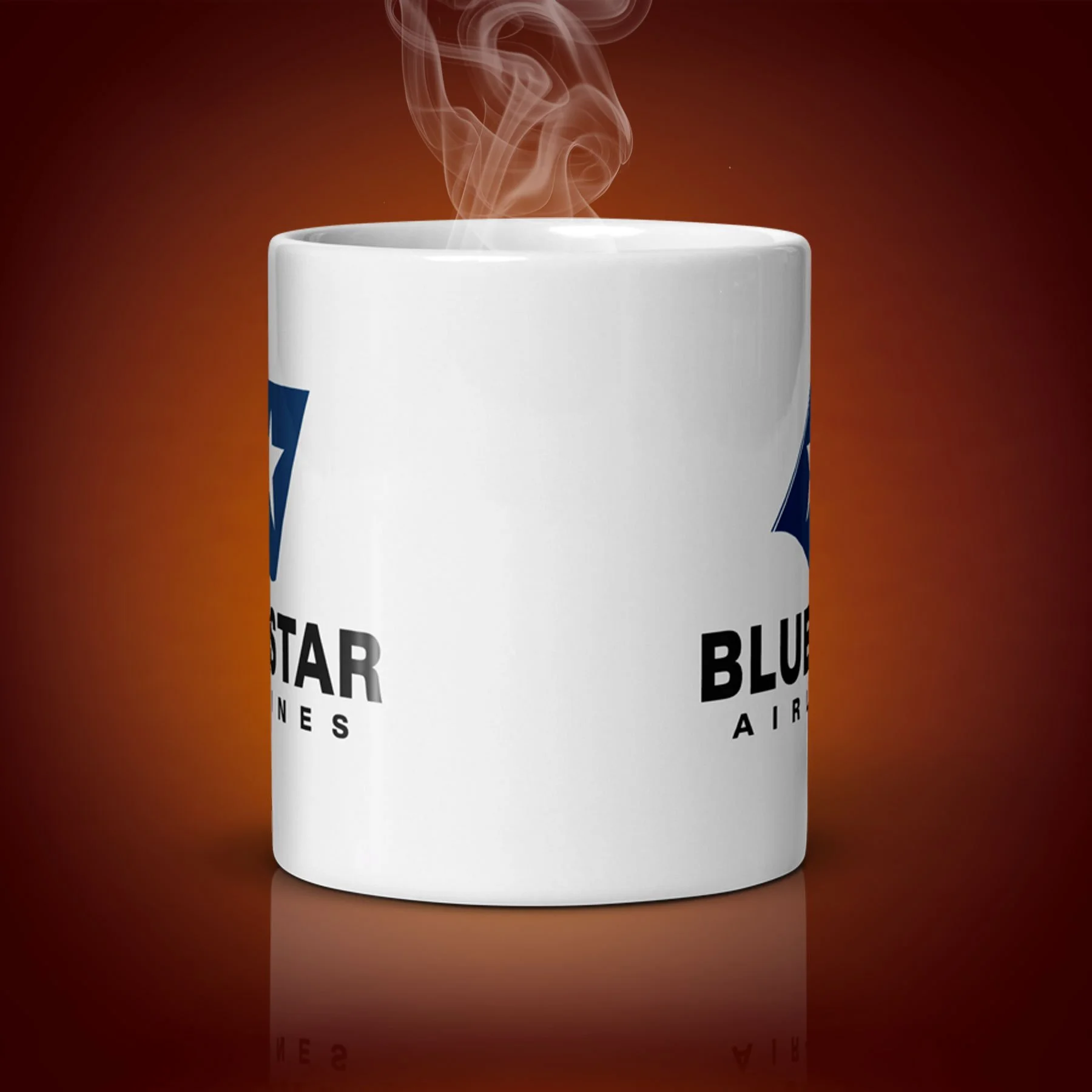 An 11-oz BlueStar Airlines mug displays the center side. The artwork on our mug is inspired by the movie "Wall Street". It is available for $21.99 with free shipping.
