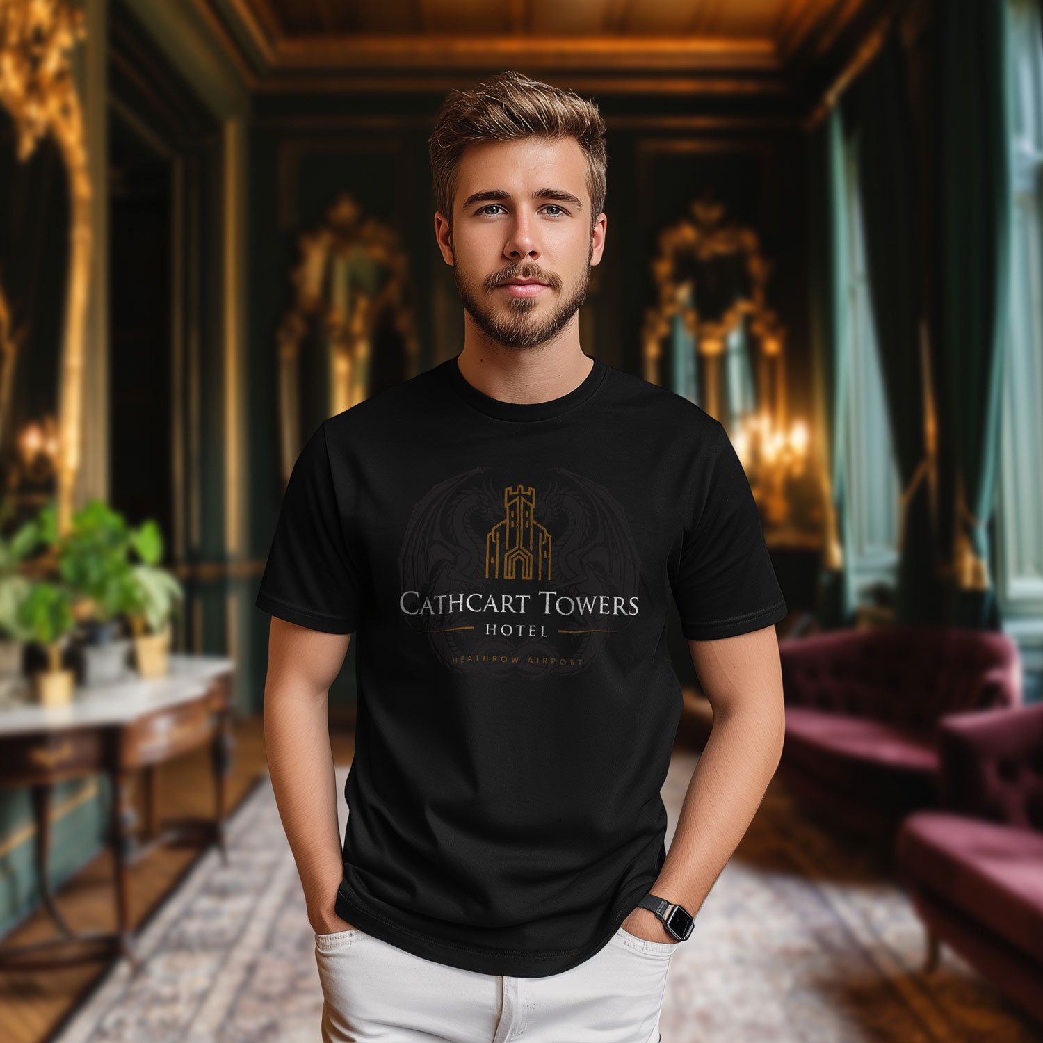 Image of a man wearing a black Cathcart Towers Hotel T-shirt in a luxurious hotel lobby.