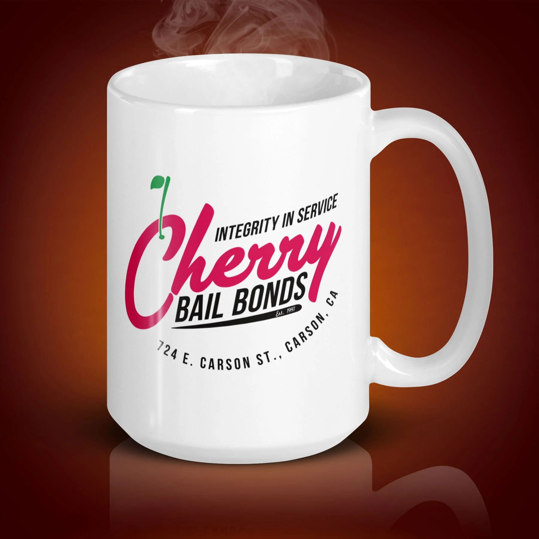 An 15-oz Cherry Bail Bonds mug displays the left side. The artwork on our mug is inspired by the movie "Jackie Brown." It is available for $21.99 with free shipping.