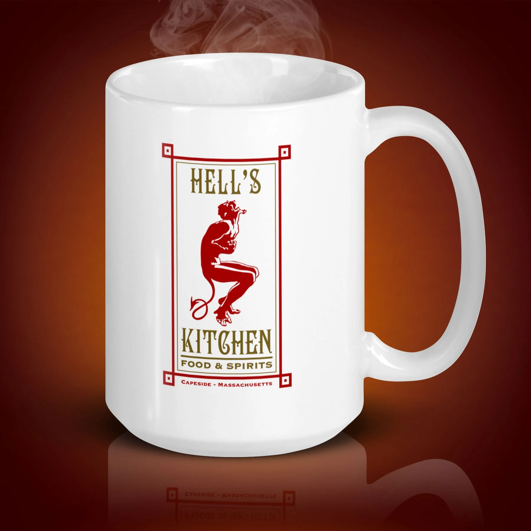 An 15-oz Hell's Kitchen mug displays the left side. The artwork on our mug is inspired by the TV series "Dawson's Creek". It is available from $21.99 with free shipping.