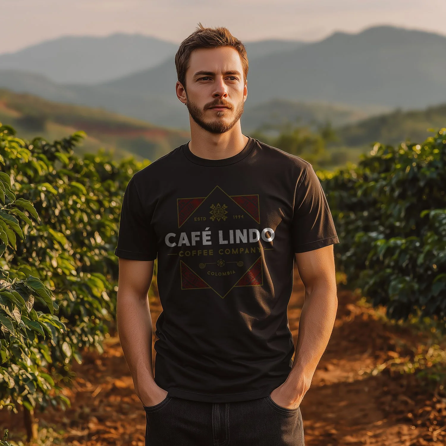 Image of a man wearing a black Café Lindo T-shirt outside in a coffee plantation.
