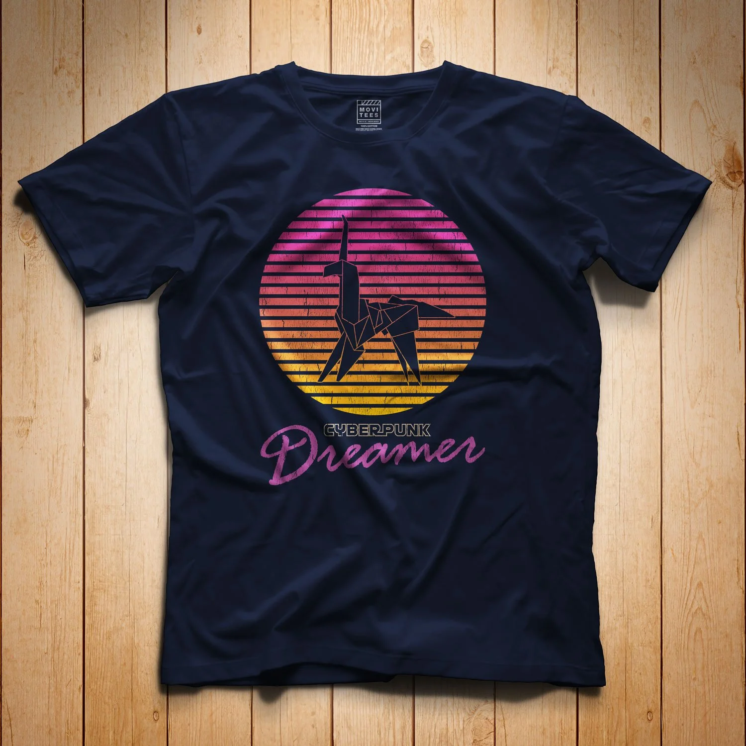 Cyberpunk Dreamer T-Shirt in Navy Blue. Blade Runner Inspired shirt in sizes: S, M, L, XL, 2XL, 3XL, 4XL, and 5XL. From $21.49