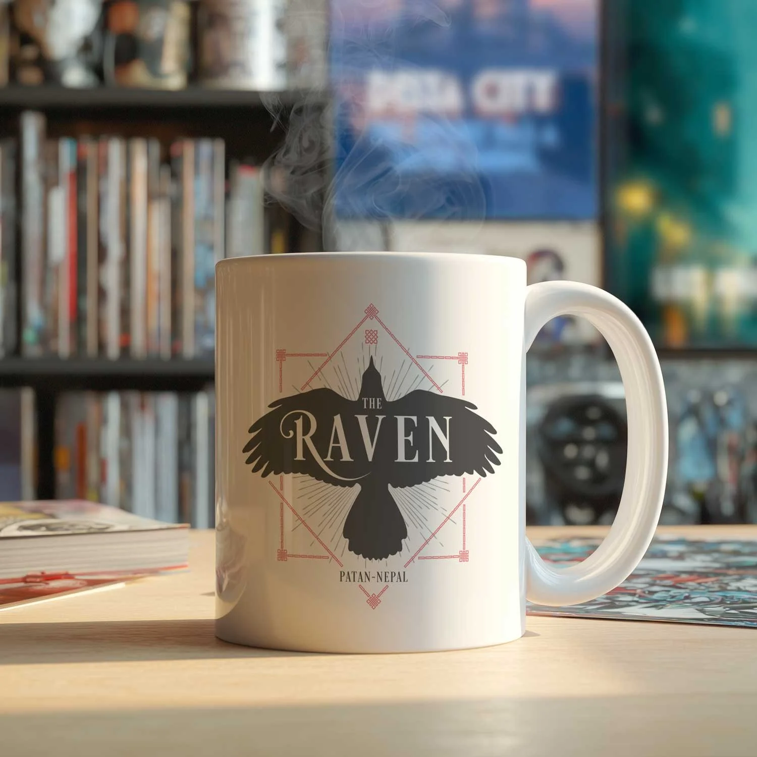 A The Raven mug is displayed on a table, filled with coffee.