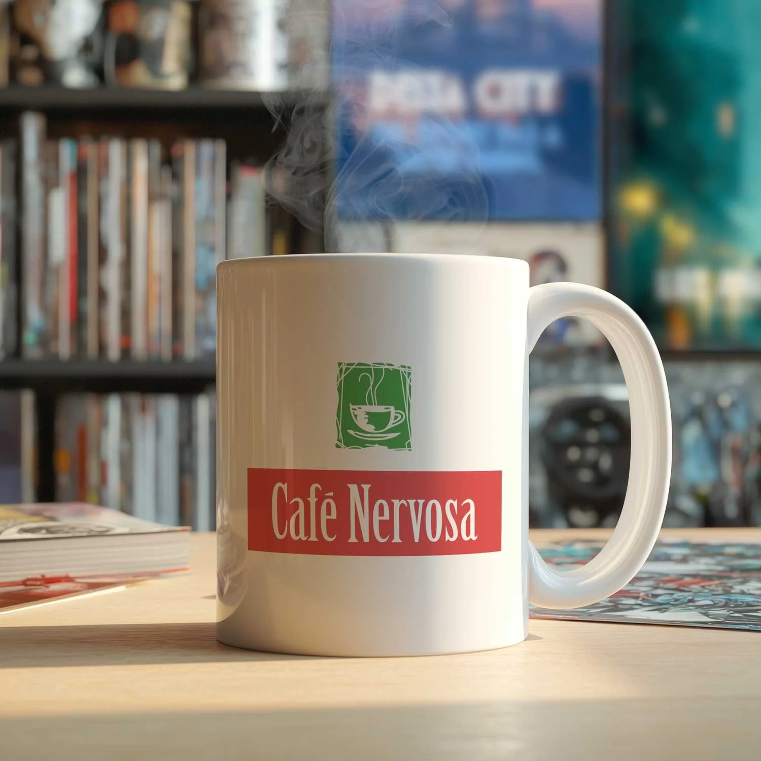 A Café Nervosa mug is displayed on a table, filled with coffee.