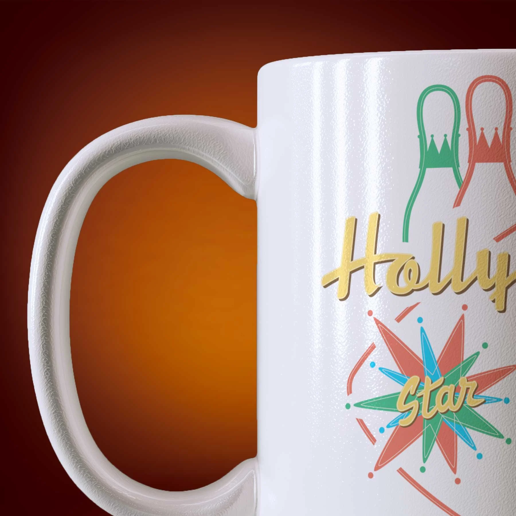 Close-up of an 11-oz Hollywood Star Lanes mug displays the left side.